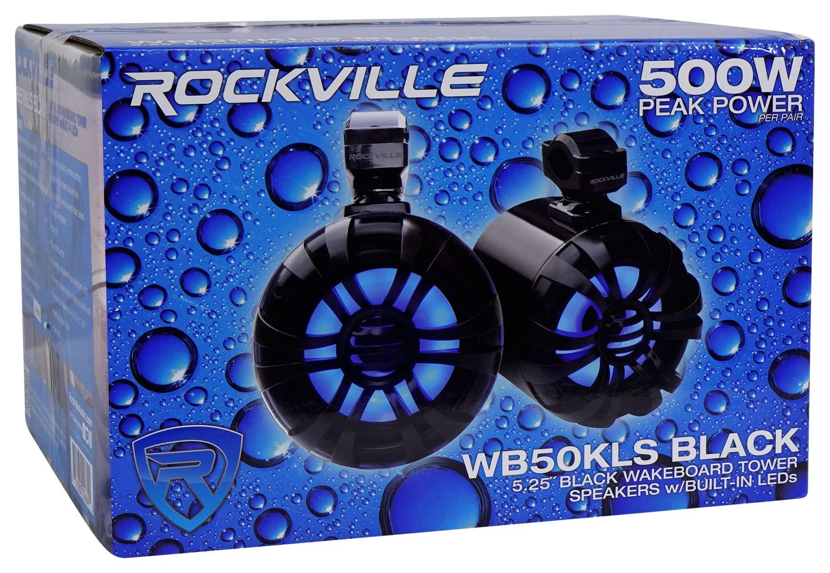 Rockville Rockville (4) WB50KLS BLACK 5.25\" 250w Metal Marine Wakeboard LED Tower Speakers