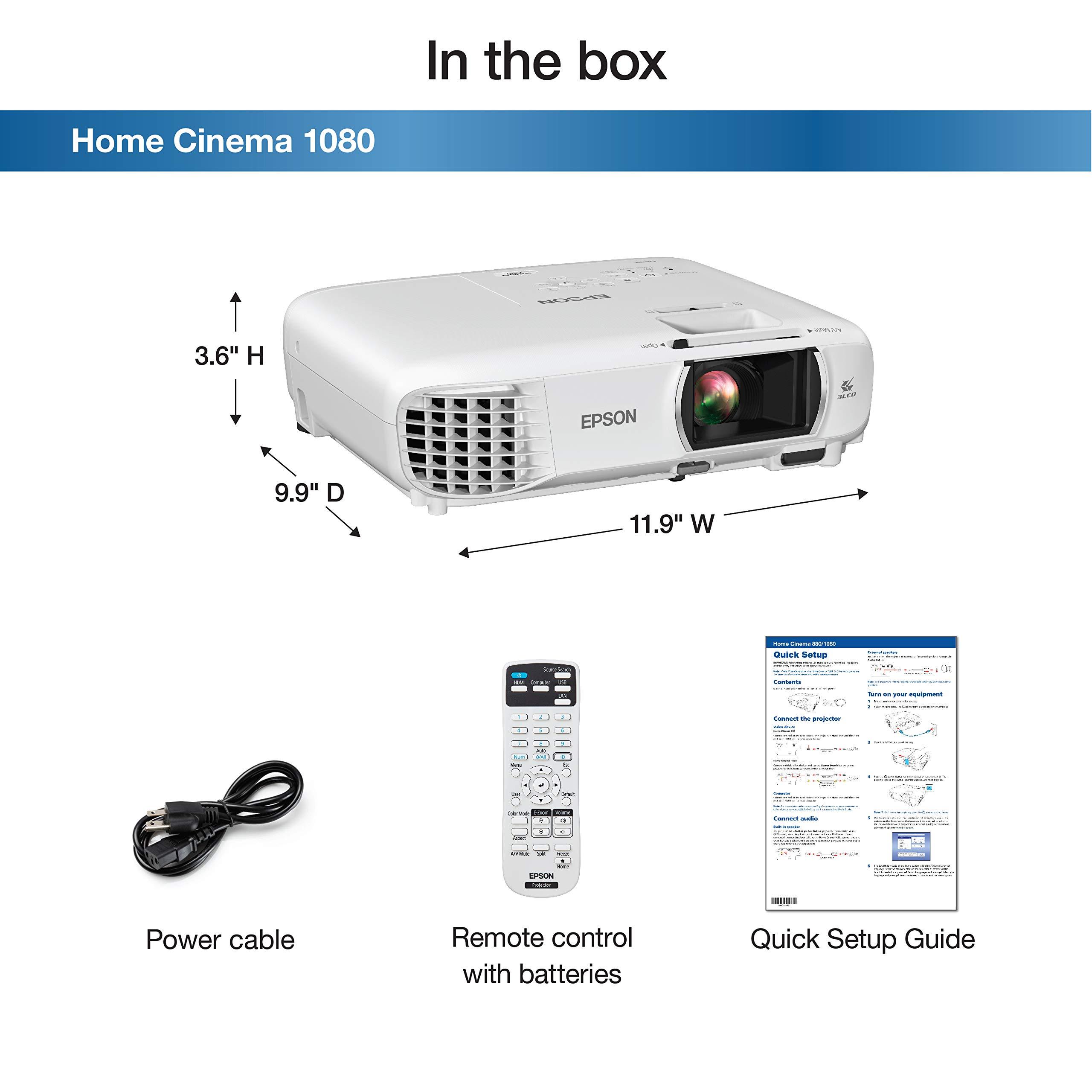 Epson Epson Home Cinema 1080 3-chip 3LCD 1080p Projector, 3400 lumens Color and White Brightness, Streaming/Gaming/Home Theater, Built-in Speaker, Auto Picture Skew, 16,000:1 Contrast, Dual HDMI, White (Ren