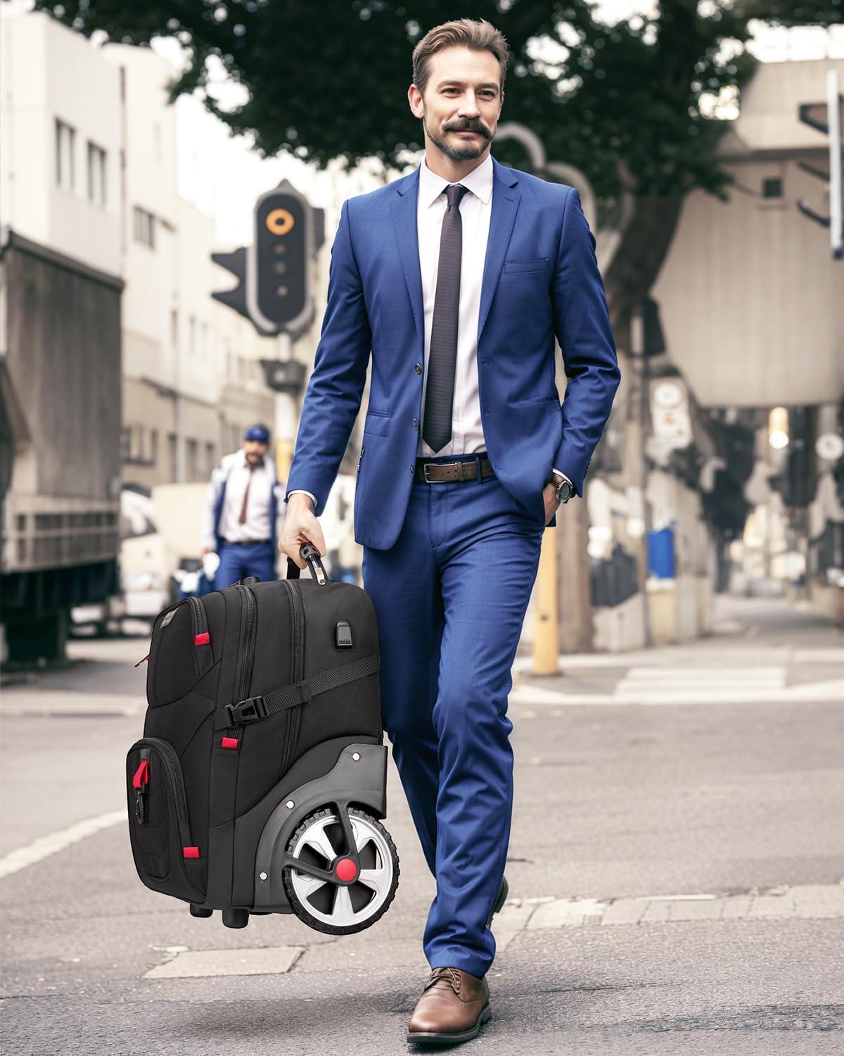 MATEIN MATEIN Rolling Bag with Wheels, 17 Inch Extra Large Laptop Roller Backpack for Adults with Anti Theft Lock & USB Charging Port, Water Resistant Wheeled Bag Carry On Luggage for Teacher Work Travel Men