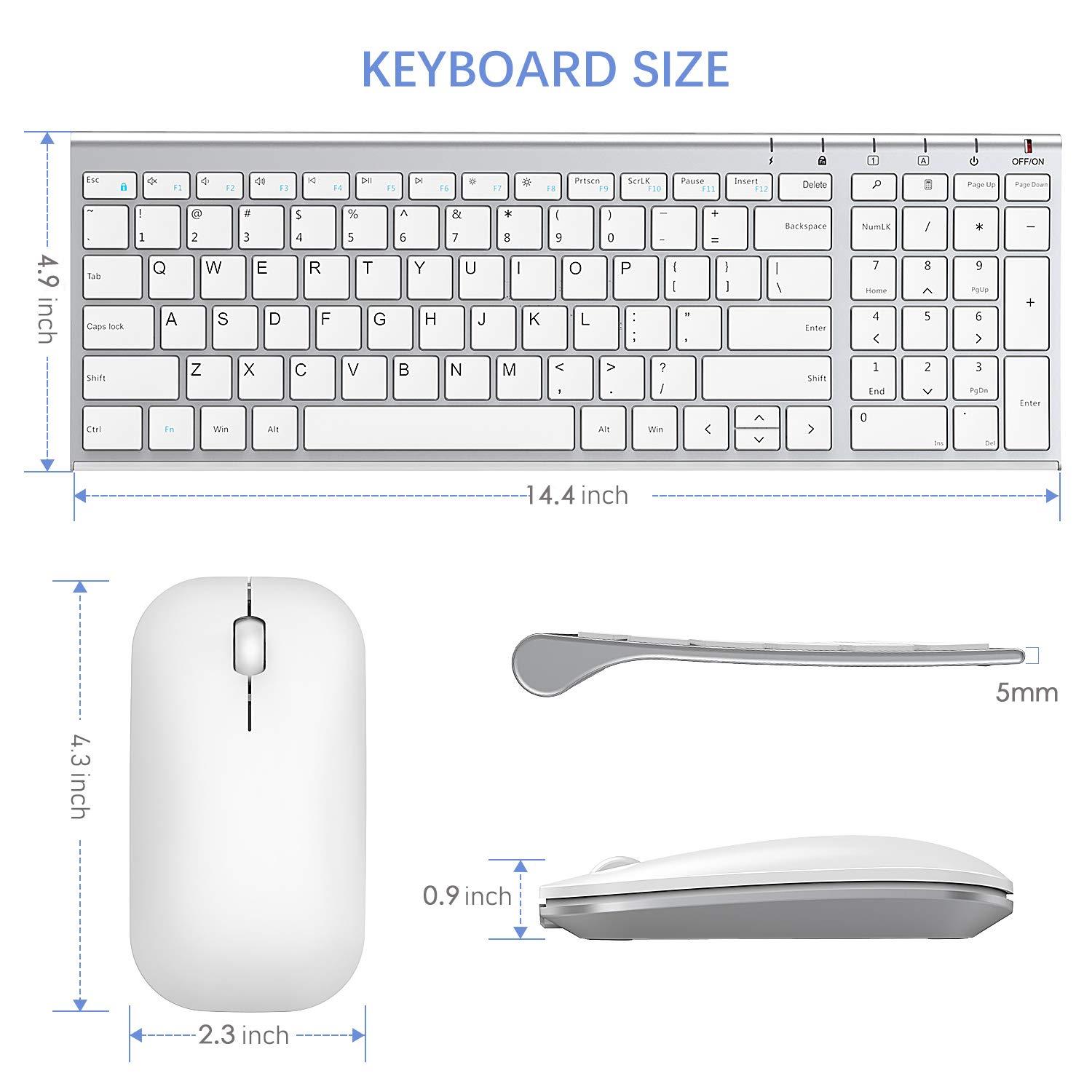 seenda seenda Rechargeable Wireless Keyboard Mouse, Ultra Thin Low Profile Wireless Keyboard and Mouse with Number Pad, Quiet Portable Combo Compatible for Windows XP/7/8/10/11/11 Pro, Silver White