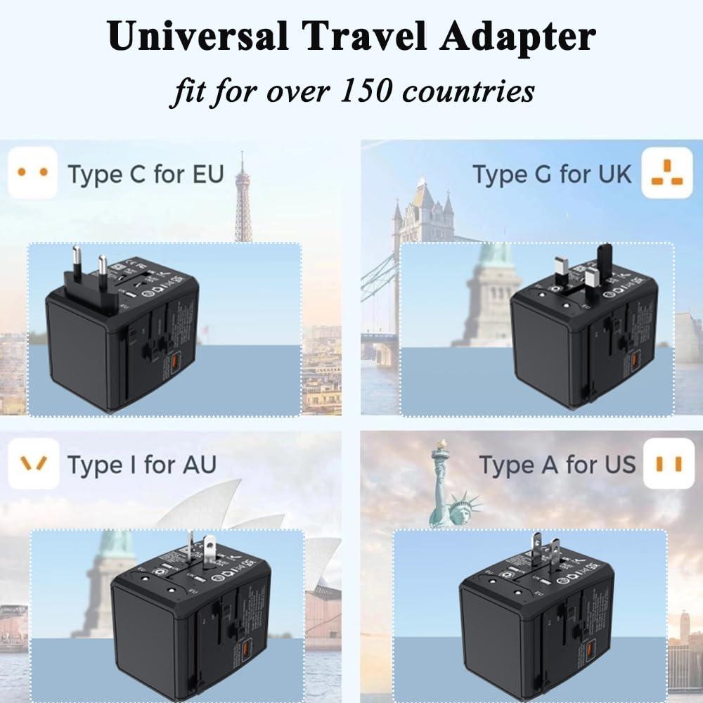 AKiiLOG Universal Travel Adapter, PD 45W International Power Plug Adapter 6 in 1 with 3 USB-C & 2 USB-A Fast Charging, AC Outlet Worldwide Wall Charge Type I C G A for US UK Europe AU Travel