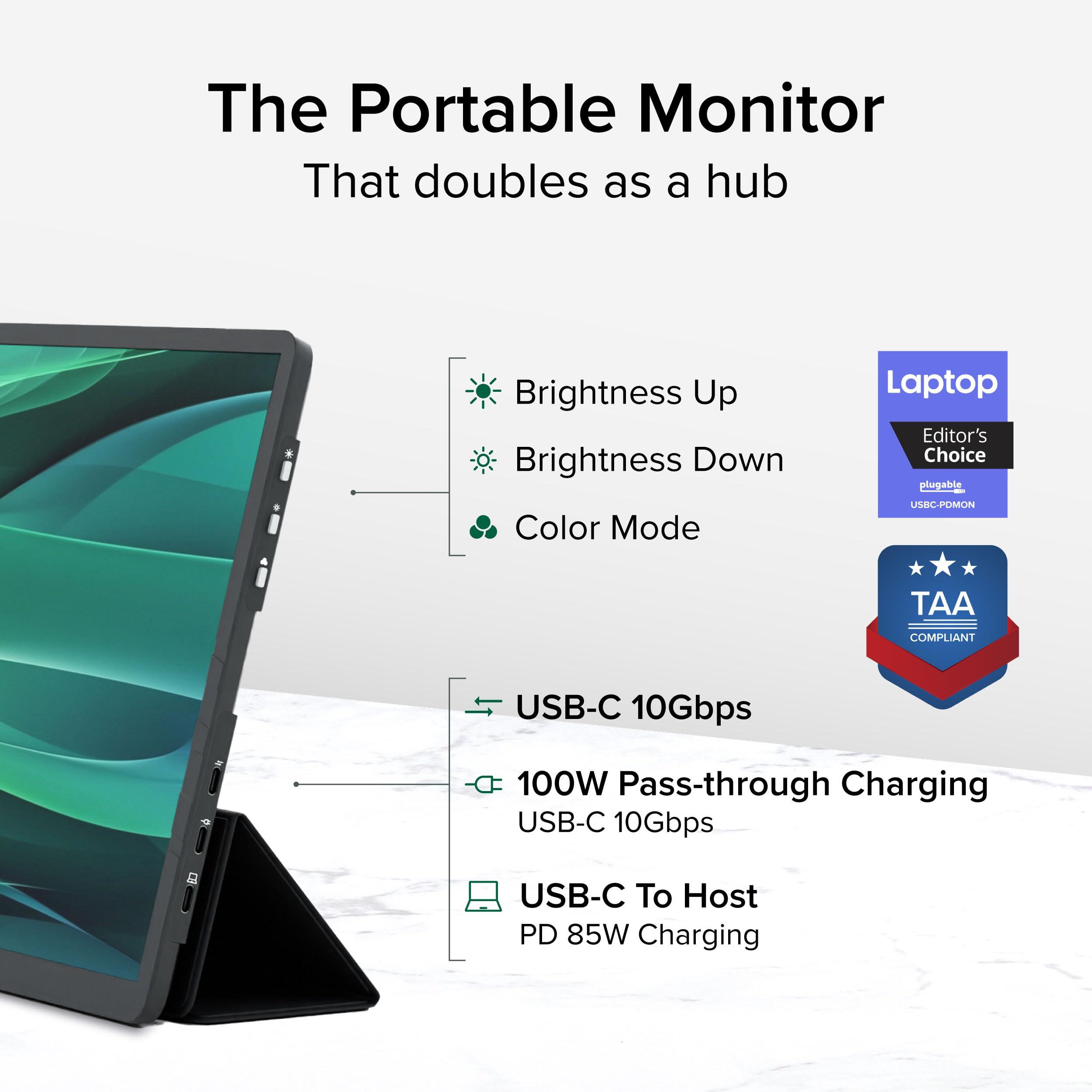 Plugable Plugable USB C Portable Monitor 15.6 Inch, 100W Pass-Through Charging for Your Laptop Smartphone Tablet, 3x USB-C 10Gbps Hub FHD 1920x1080 IPS Travel Display 1.85lbs, Protective Case/Stand, USBC-PDMON