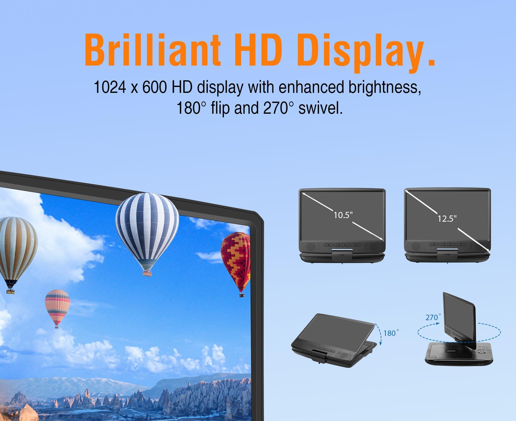 MEGATEK Megatek 12.5" Portable DVD Player with Headphones, Extended 6-Hour Battery, 10.5" HD Swivel Screen, Supports CD/DVD/USB/SD Card, Car Headrest Mount, Car Charger, AC Power Adapter, Remote Control