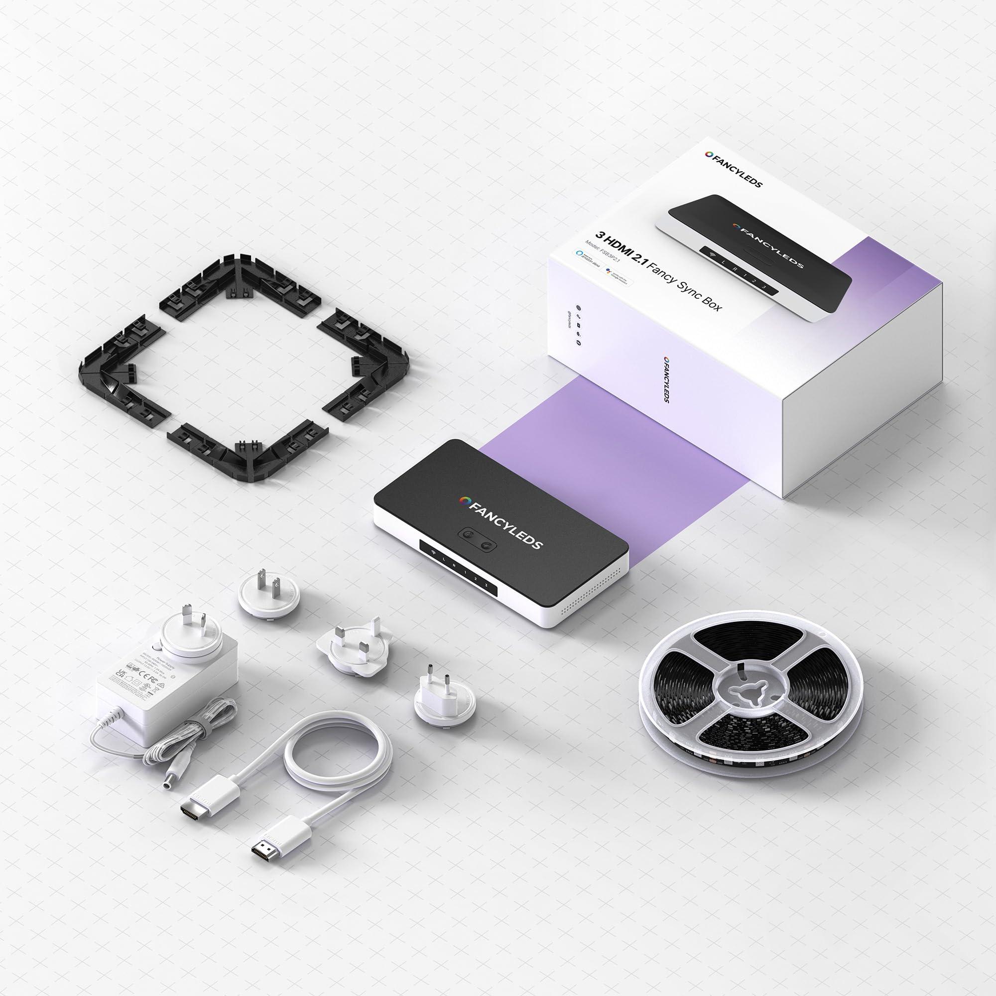 Fancy LEDs New RGBW 3 HDMI 2.1 Fancy Sync Box Streaming Media Syncing Device with 3 HDMI Ports, 4K 120Hz, HDR, and Movie Support (for 70" to 95" TVs)