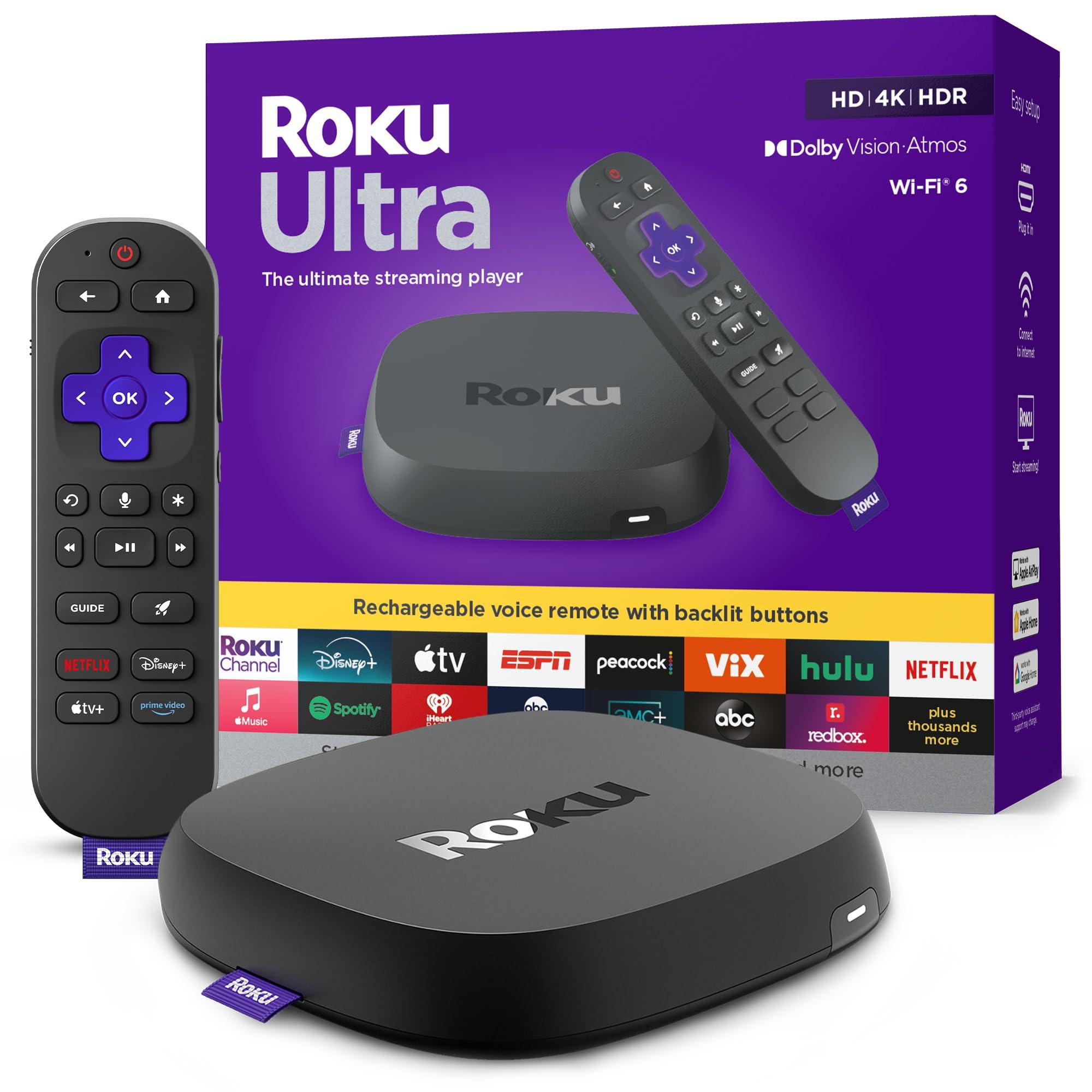 Roku Roku Ultra 2024 - Ultimate Streaming Player - 4K Streaming Device for TV with HDR10+, Dolby Vision & Atmos - Bluetooth & Wi-Fi 6- Rechargeable Voice Remote Pro with Backlit Buttons - Free & Live TV