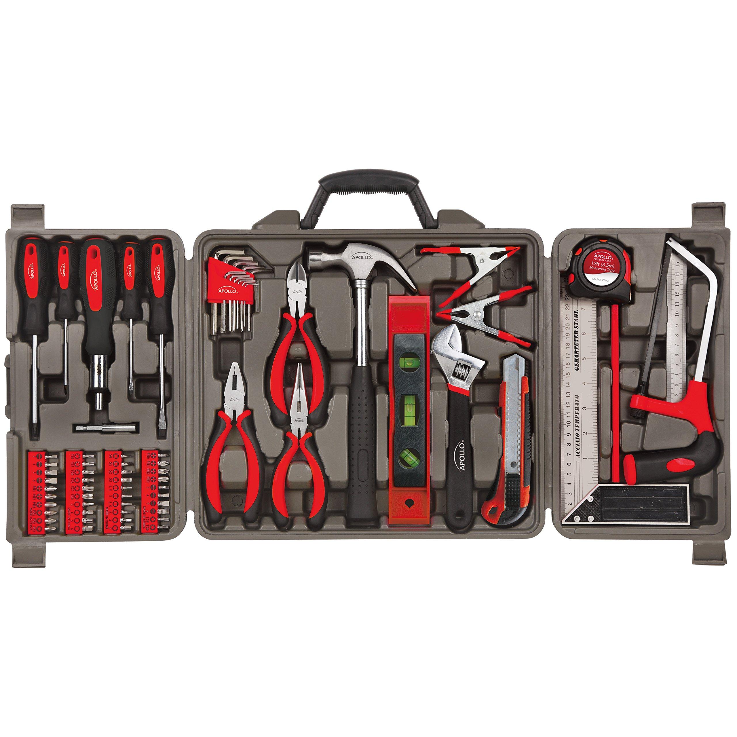 Apollo Tools Apollo Tools 71 Piece Complete Household Tool Set with Clamp, Hacksaw, Carpenter Square, Screwdriver and Plier Sets for College, Home Repairs and DIY - Red - DT0204