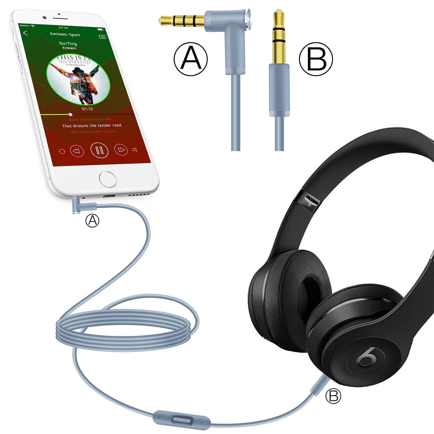 QKIIP Replacement Audio Cable Cord Wire with in line Microphone and Control for Beats Solo/Studio/Pro/Detox/Wireless/Mixr Headphones Grey