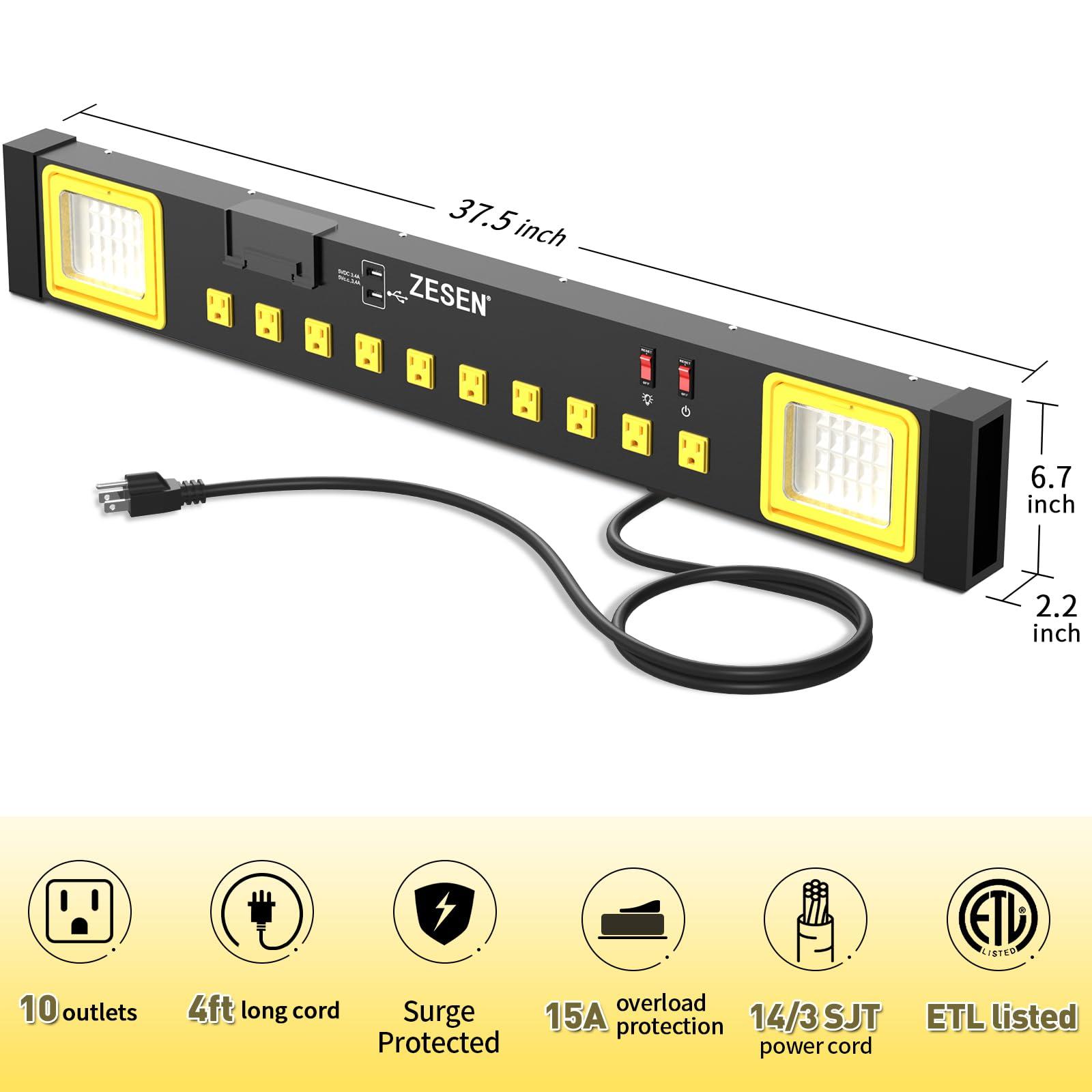 ZESEN ZESEN 10 Outlet Power Strip with LED Worklight, Heavy Duty Metal Power Strip Surge Protector 4ft Cord with 2-Port USB Charge, ETL Listed for Workshop Garage Office Home