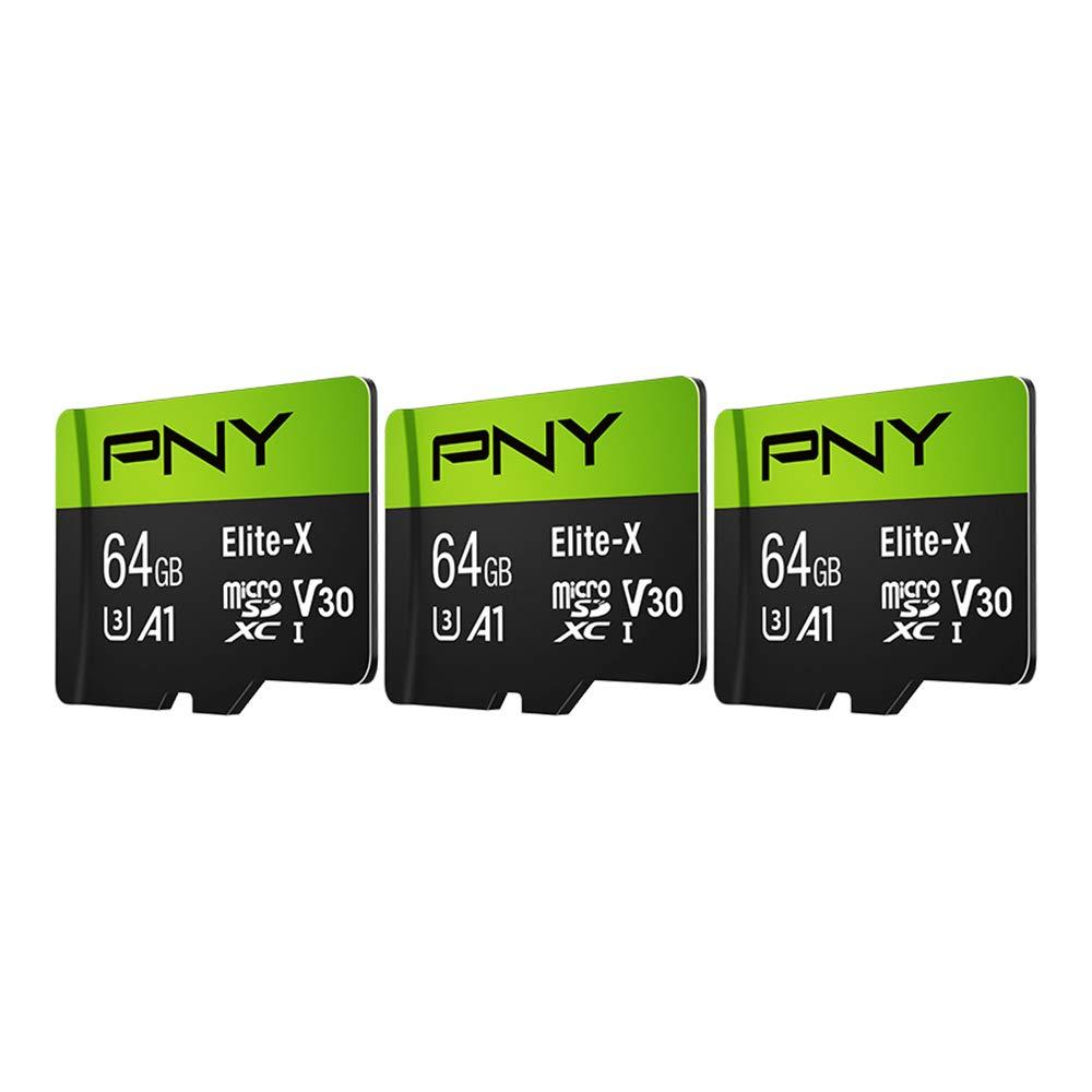 PNY PNY 64GB Elite-X Class 10 U3 V30 microSDXC Flash Memory Card, 3 Count (Pack of 1) - 100MB/s, Class 10, U3, V30, A1, 4K UHD, Full HD, UHS-I, Micro SD