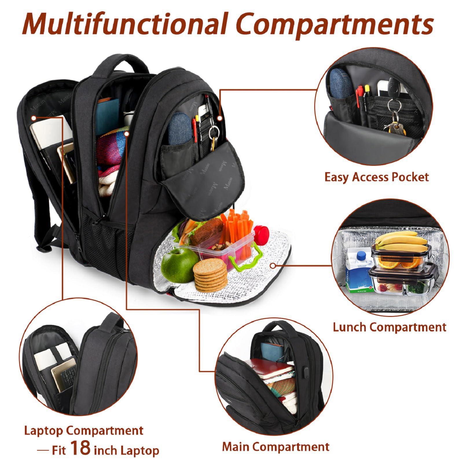 MATEIN MATEIN Lunch Backpack for Men, 18 Inch Large Insulated Backpack Cooler with USB Charging Port, Water Resistant Laptop Back pack with Lunch Box Bag for Work Travel Business College Picnic, Black
