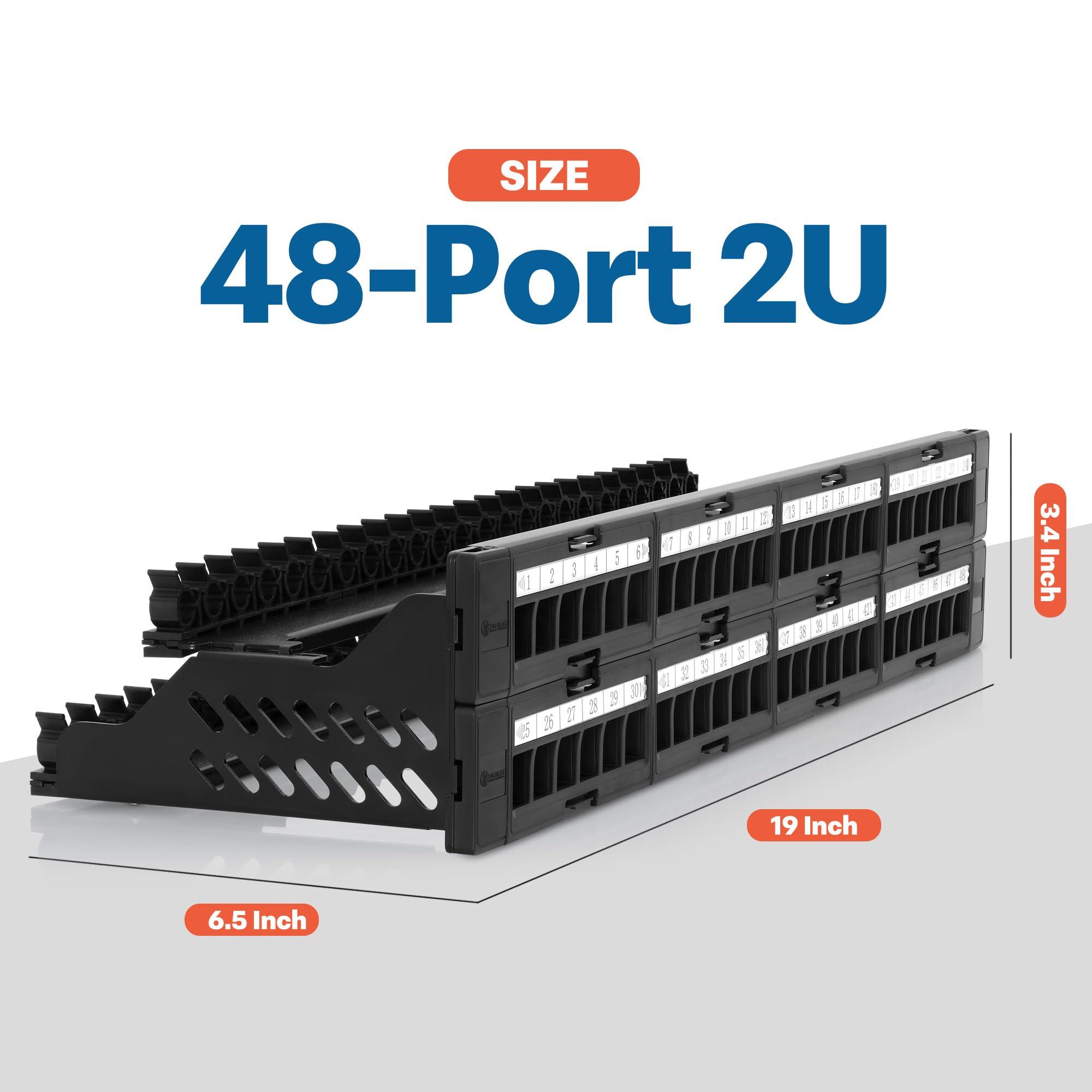 Everest Media Solutions Everest 48 Port Keystone Patch Panel (1-Pack) - Removable 6-Port Panels - Use with Slim Profile Keystones ONLY (Wider Jacks May not fit Side by Side) - with Adjustable Rear Cable Management Bar