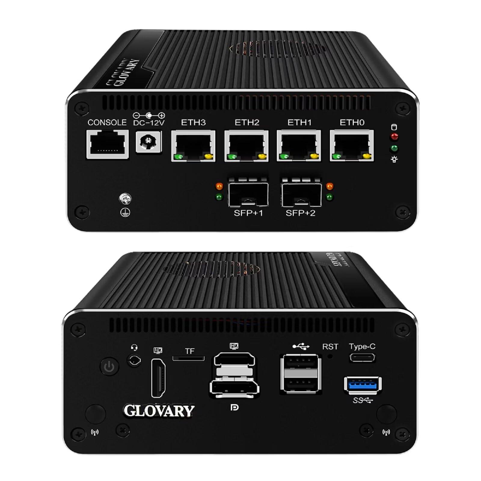 Glovary Glovary Firewall Appliance Dual 10GbE SFP+ U300E, 4 x i226V 2.5GbE LAN Mini PC Router, DDR5 16GB RAM 256GB NVMe SSD, Micro Router Computer, 10Gbit TypeC Port, Windows 11 Pro, OPNsense