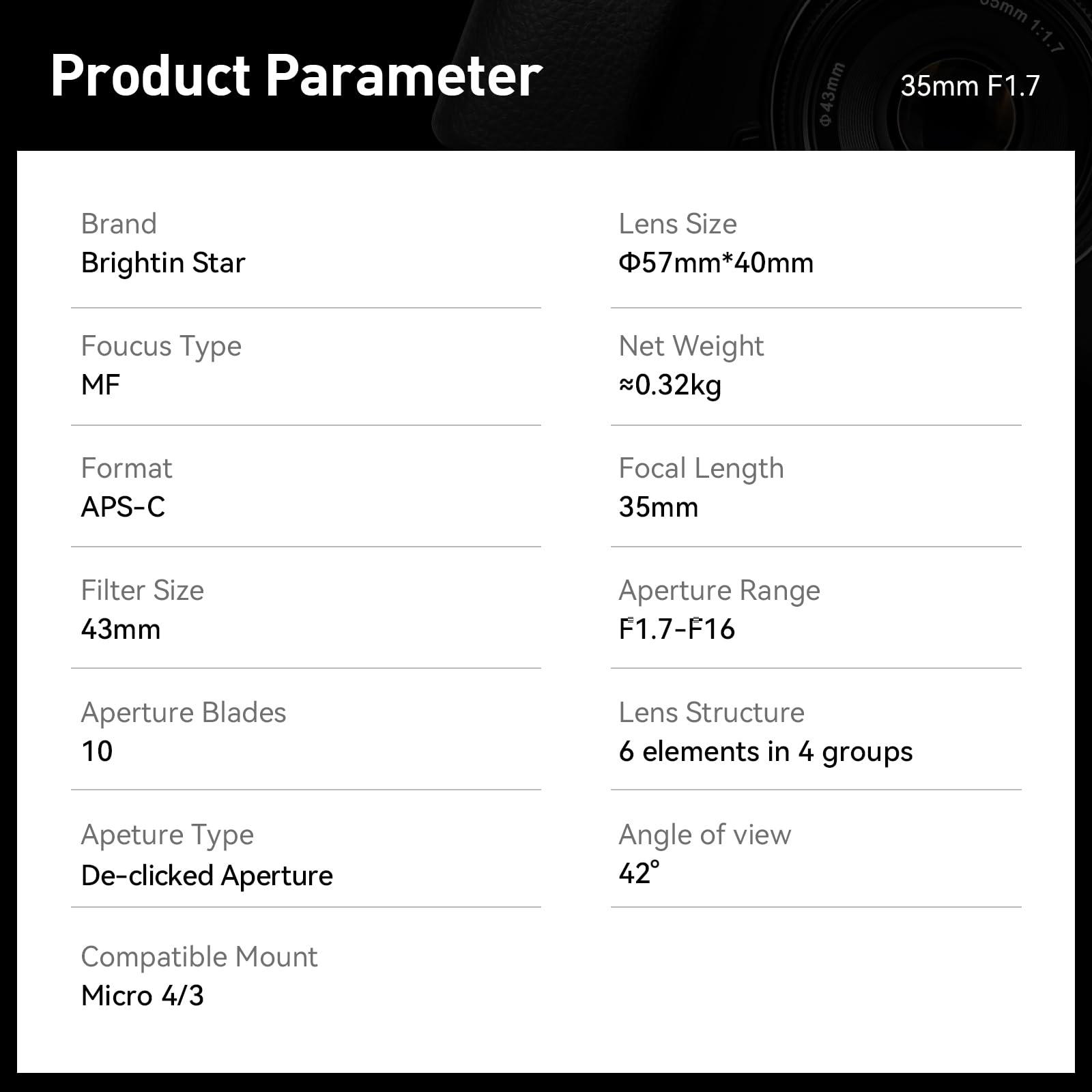 brightin star Brightin Star 35mm F1.7 Large Aperture APS-C Manual Focus Prime Fixed Mirrorless Camera Lens, Fit for Panasonic Olympus Micro4/3 G7, G85, GX9, G7KS, EPM1/2, EM1, EP1/P2/P3/P5, PL 1/2/3/5/6(Silver)