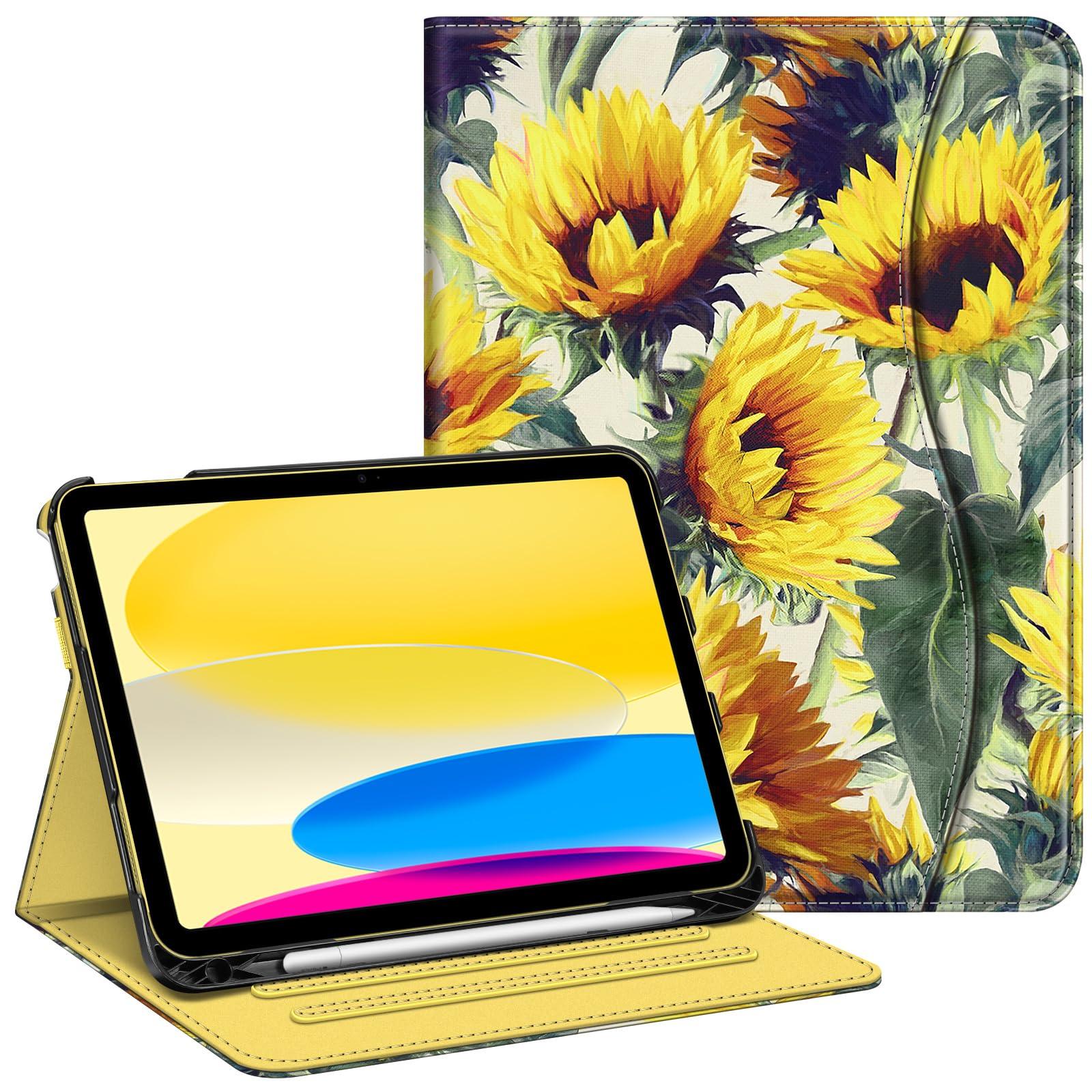 Fintie Fintie Case for iPad (A16) 11th Generation 11 Inch (2025), iPad 10th Generation 10.9 Inch (2022), Multi-Angle Viewing Protective Stand Cover with Pencil Holder & Pocket, Sunflowers