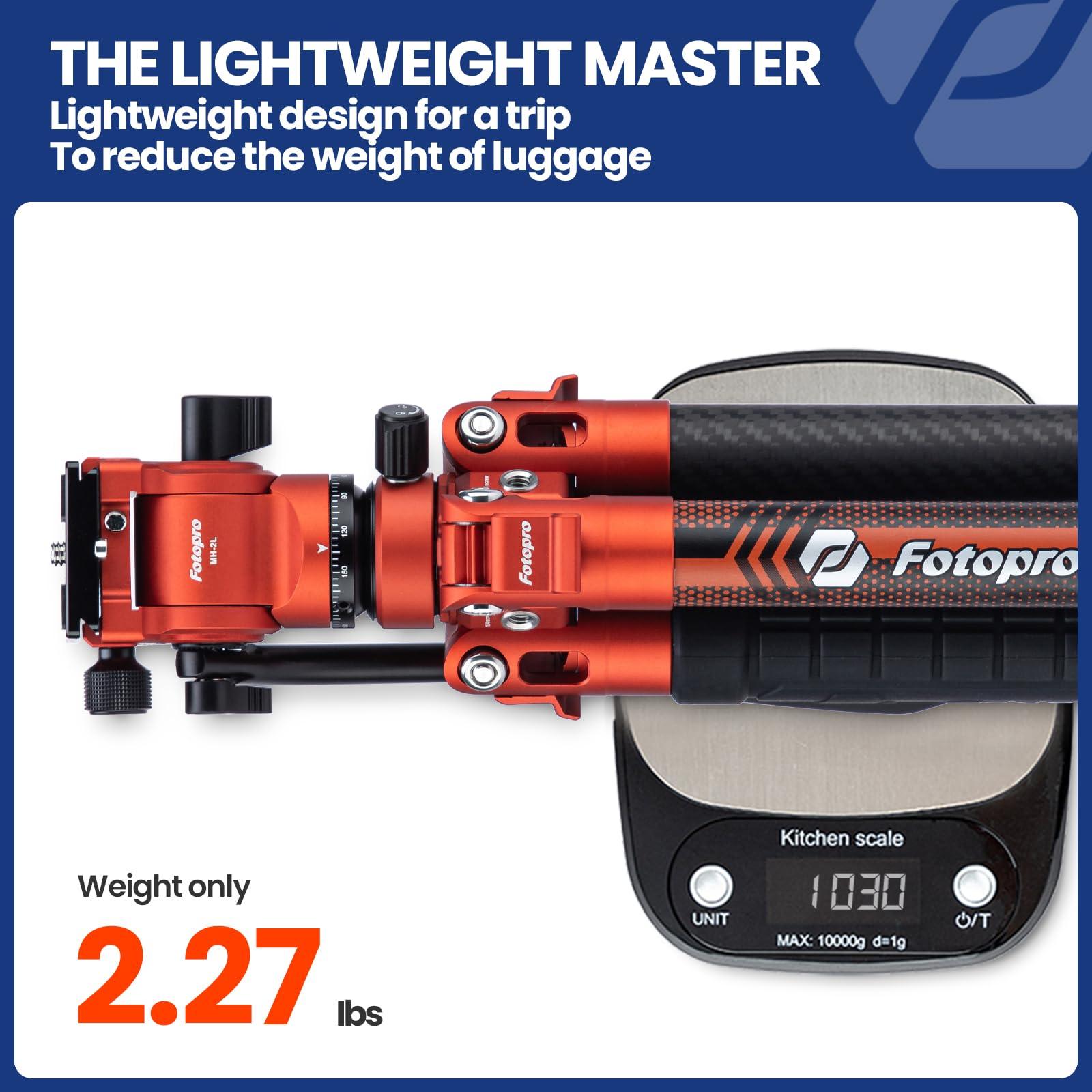 Fotopro Fotopro Carbon Fiber Travel Tripod 2.2lbs Ultralight 64 Inch Portable Compact Travel Video Tripod for Camera DSLR Load up to 22lb X-Aircross 3 Lite Video Orange