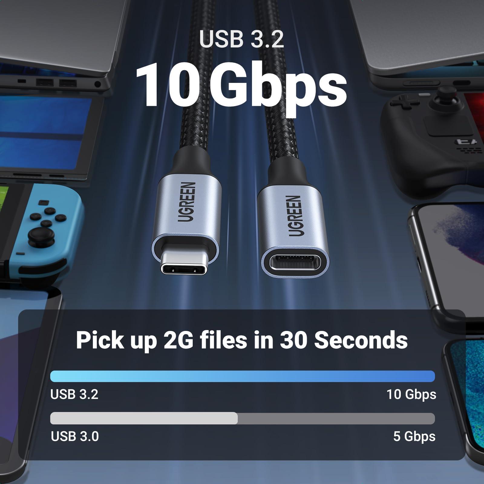 UGREEN UGREEN USB C Extension Cable, (10Gbps/100W) USB C 3.2 Extender, Fast Charging & Transfer Type C Male to Female Cord Compatible with PSVR2/MacBook Air M2 Pro//iPad Pro/Magsafe/USB C Hub 3.3 ft