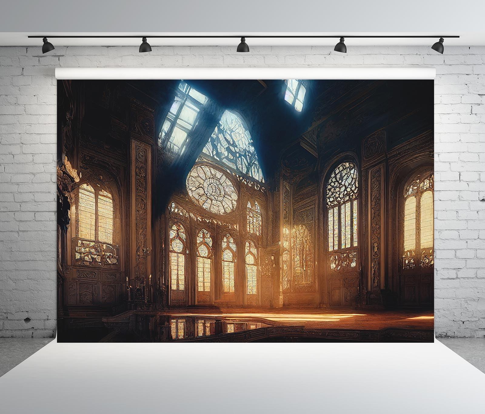 Loccor Loccor 7x5ft Fabric Gothic Castle Interior Backdrop for Photography Medieval Castle Architecture Retro Arch Glass Windows Background for Gothic Wedding Party Decor Artistic Photo Studio Props