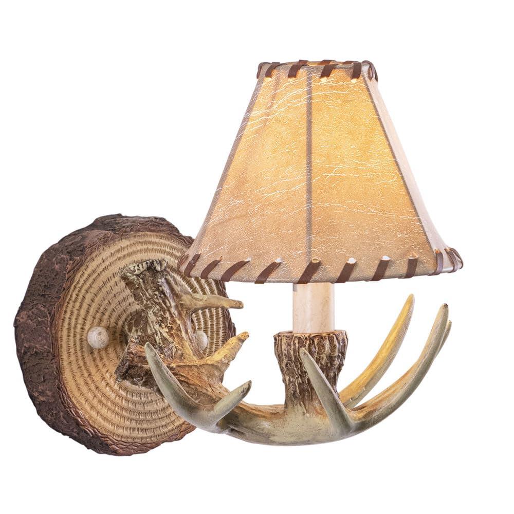 VAXCEL Lodge 1 Light Rustic Wood Antler Armed Wall Sconce Faux Leather Shade Noachian Stone