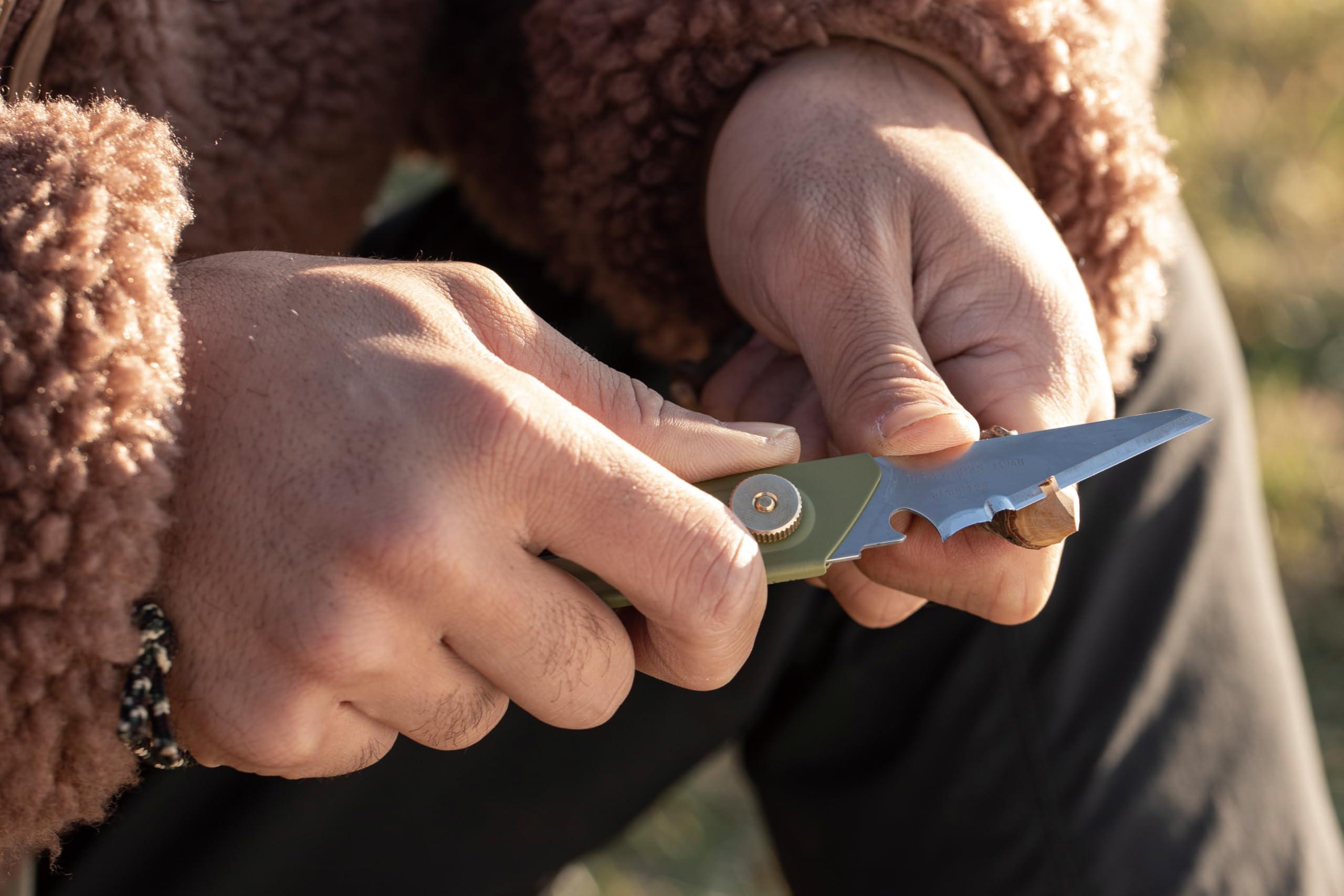 OLFA OLFA WORKS OW-UCK-1/SB Utility Camp Knife High Carbon Stainless Steel Blade - Multipurpose Outdoor Knife, Great for and Camping Activities - Brass Wheel Lock, Replacement Blade: OWB-UCB-1 (Sand)
