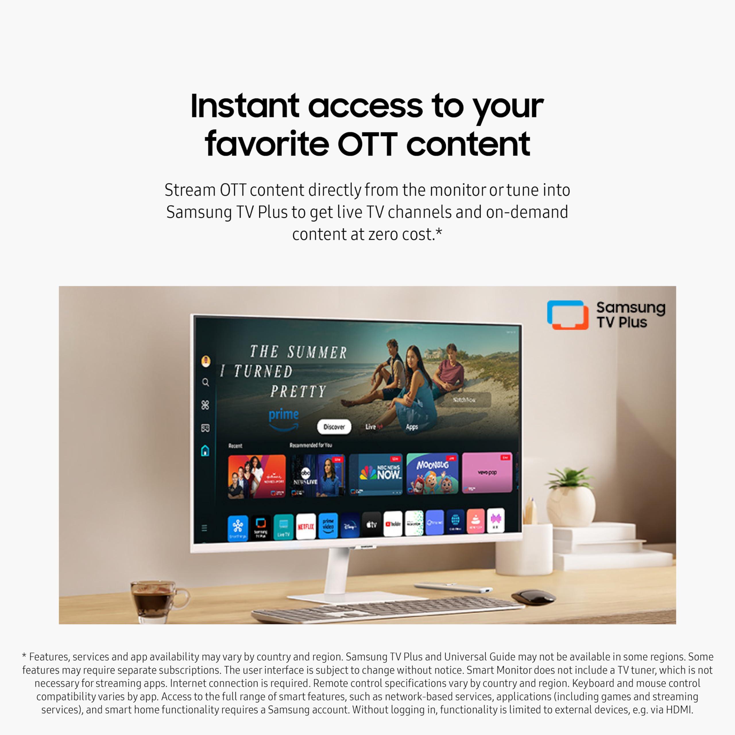 Samsung SAMSUNG 32-Inch M7 (M70D) Series 4K UHD Smart Monitor with Streaming TV, Speakers, HDR10, USB-C, Multiple Ports, Gaming Hub, SolarCell Remote, Vision Accessibility Tools, LS32DM703UNXZA, 2024, White