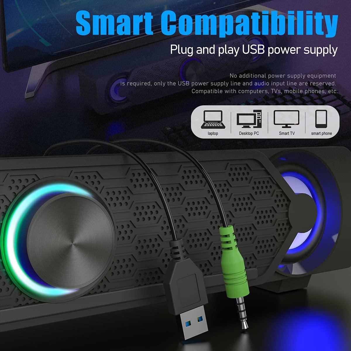 Smalody Smalody Small Computer Speakers for Desktop Gaming Monitor, PC Speakers for Desktop Monitor, Computer Speaker Wired USB Powered, Mini Soundbar with Cool Led Light Effect