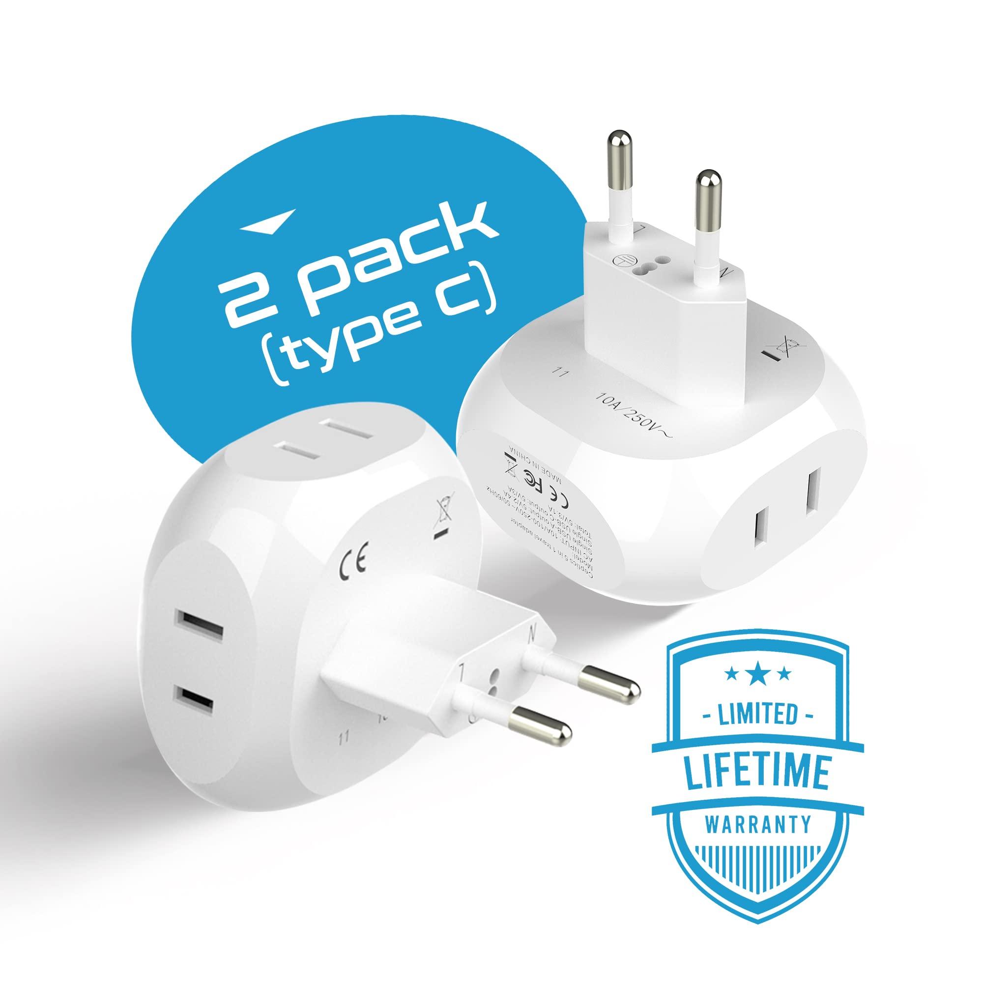 Ceptics Ceptics European Travel Plug Adapter Europe Power Adaptor Charger 4 Input - Ultra Compact - Light Weight - USA to Any Type C Countries Such as Italy, Iceland, Austria and More - 2 Pack (PT-9C)