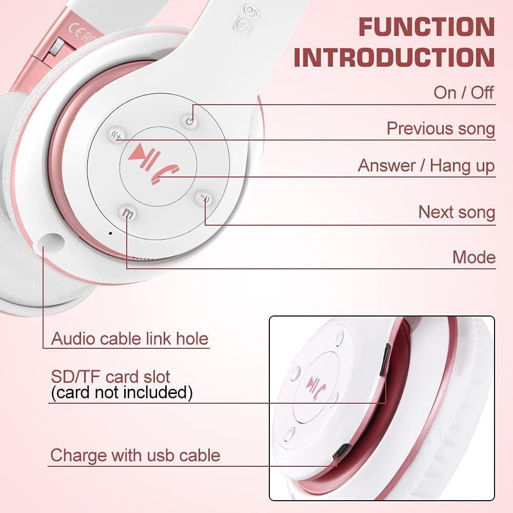 PRTUKYT PRTUKYT 6S Wireless Bluetooth Headphones Over Ear, Hi-Fi Stereo Foldable Wireless Stereo Headsets Earbuds with Built-in Mic, Volume Control, FM for Phone/PC (White & Rose Gold)