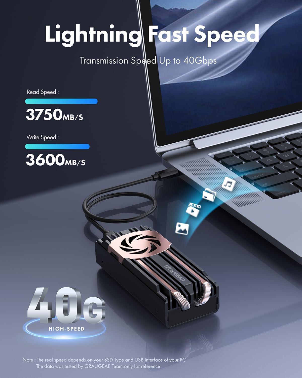 GRAUGEAR GRAUGEAR 40Gbps M.2 NVMe SSD Enclosure, USB4 NVMe SSD Enclosure with Cooling Fan and Dual-Pipe Heatsink Aluminum, Thunderbolt 4/3, ASM2464PD Chip