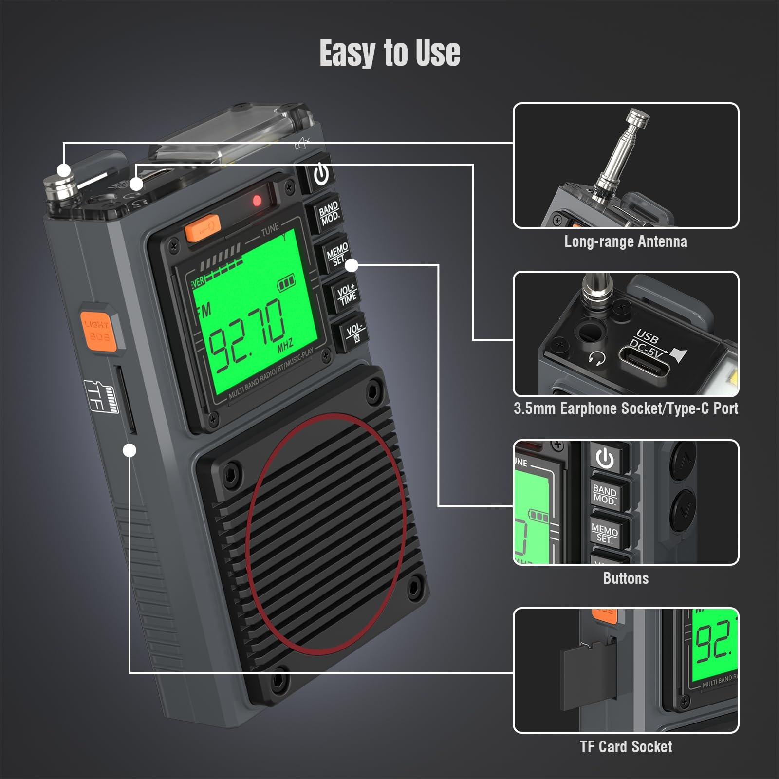 Raddy Raddy RF75A APP Control Shortwave Radio, Portable AM/FM/VHF/SW/WB Weather Radio, Pocket Radio Rechargeable w/ 9.85 Ft Wire Antenna