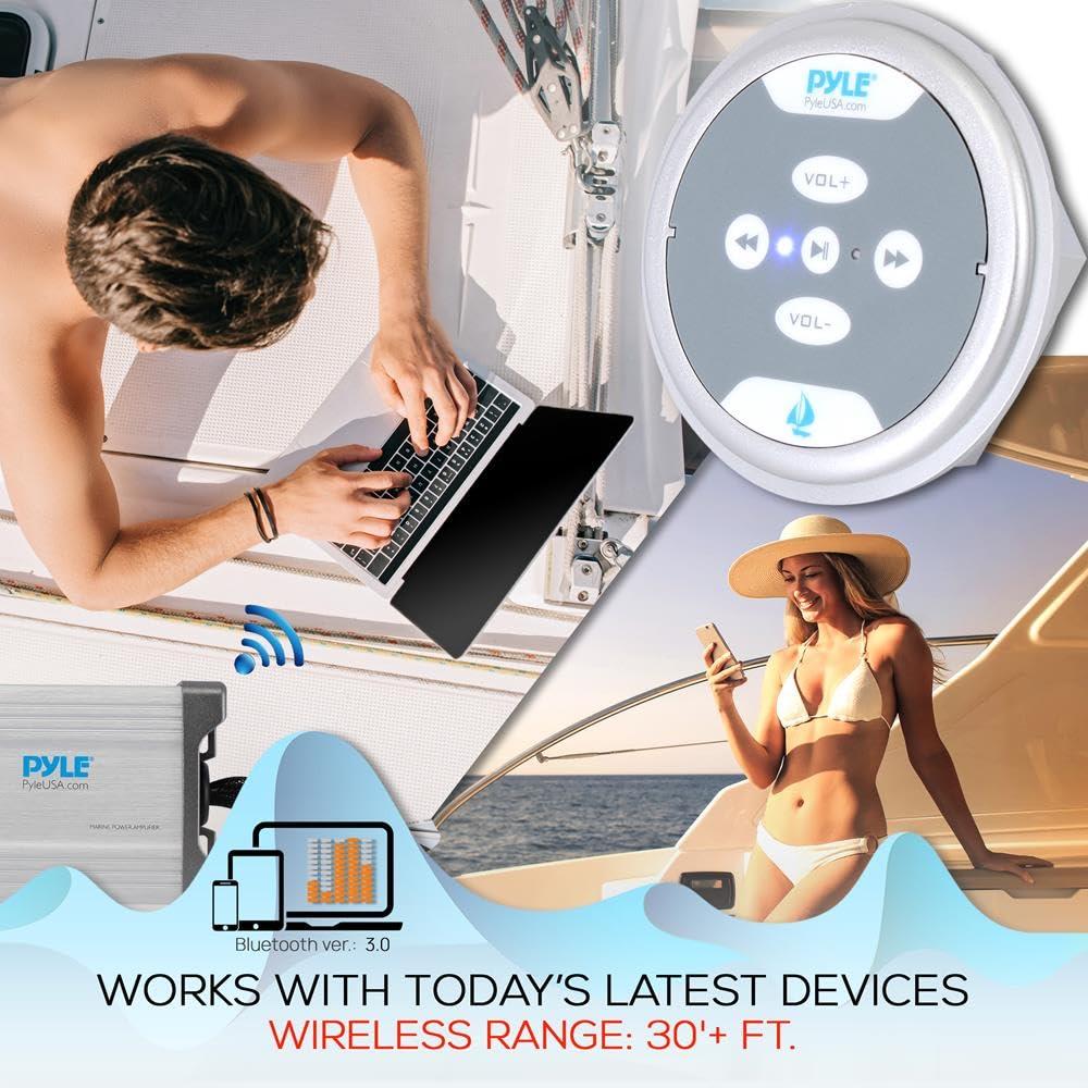 Pyle Pyle Waterproof Bluetooth Marine Amplifier Receiver - Weatherproof 2 Channel Wireless Amp for Stereo Speaker with 600 Watt Power, Wired RCA, AUX and MP3 Audio Input Cable, Silver