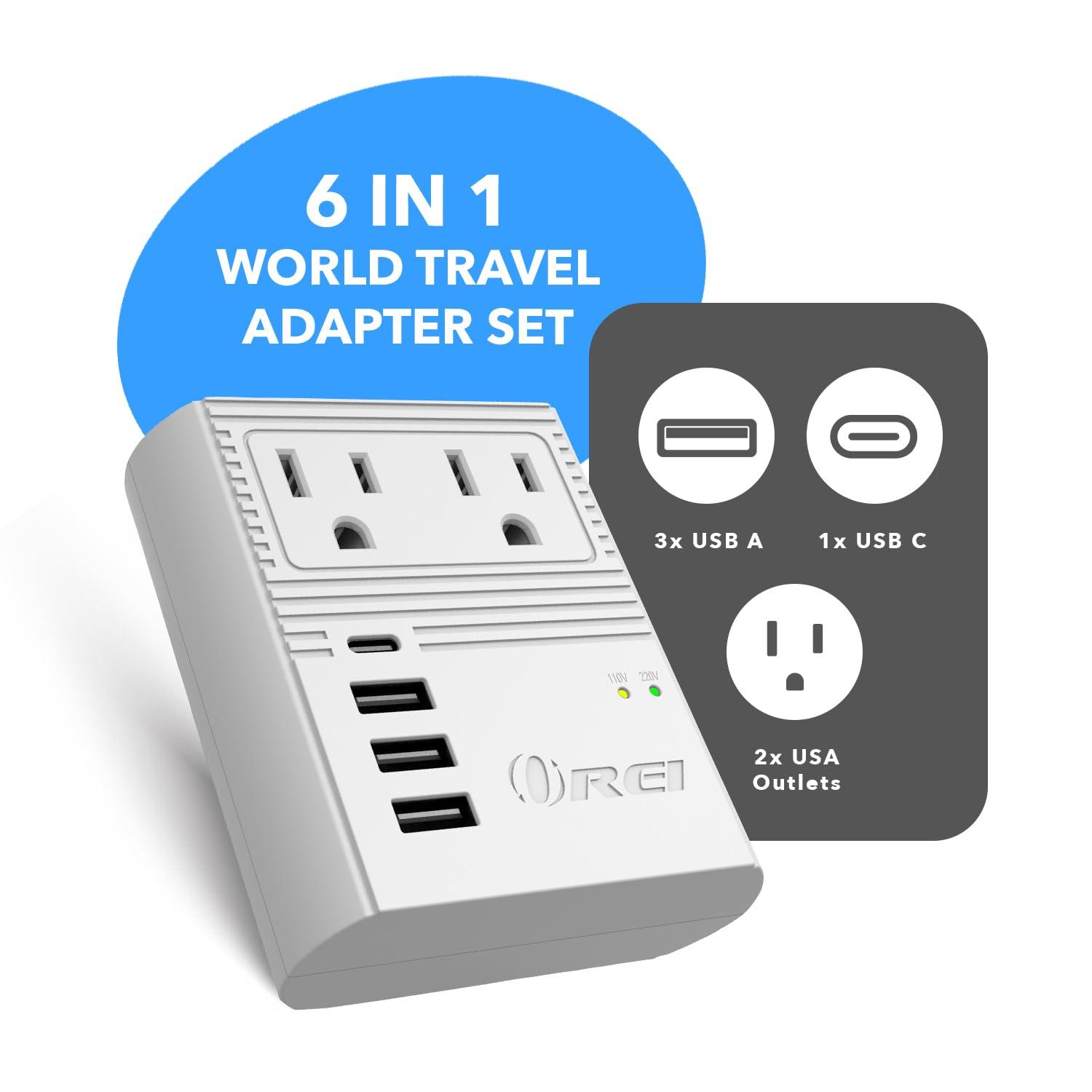 OREI OREI World Travel Plug Adapter M8 Max, 3 USB + Pd 18W USB-C Input - 2 USA Outlets - Attachments for Europe, Asia, China, Japan, Africa - Perfect for Cell Phones, Tablets, Cameras and More