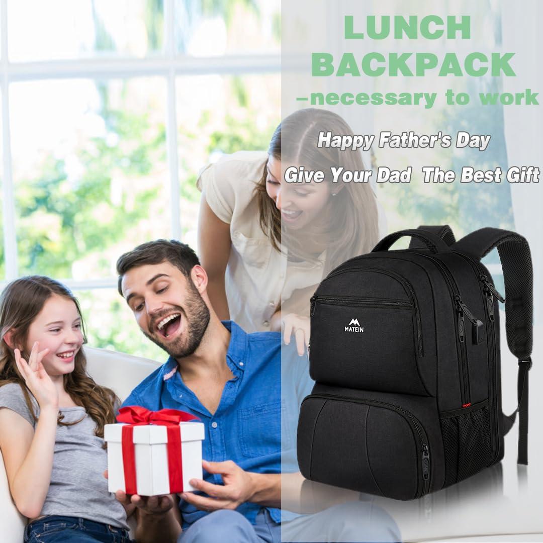 MATEIN MATEIN Lunch Backpack for Men, 18 Inch Large Insulated Backpack Cooler with USB Charging Port, Water Resistant Laptop Back pack with Lunch Box Bag for Work Travel Business College Picnic, Black