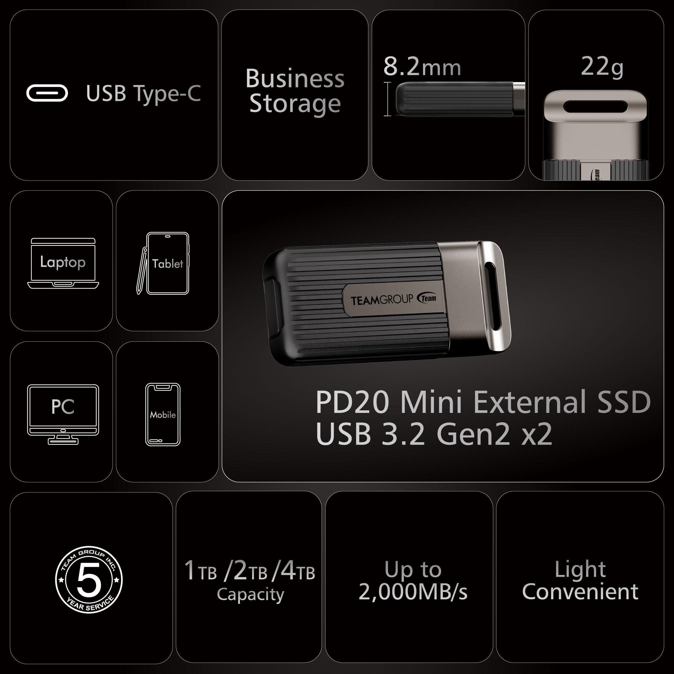 TEAMGROUP TEAMGROUP PD20 1TB Portable External Solid State Drive SSD Read up to 2000MB/s USB 3.2 Gen2x2 Type-C Waterproof Dustproof IP54 TPSEG5001T0C102