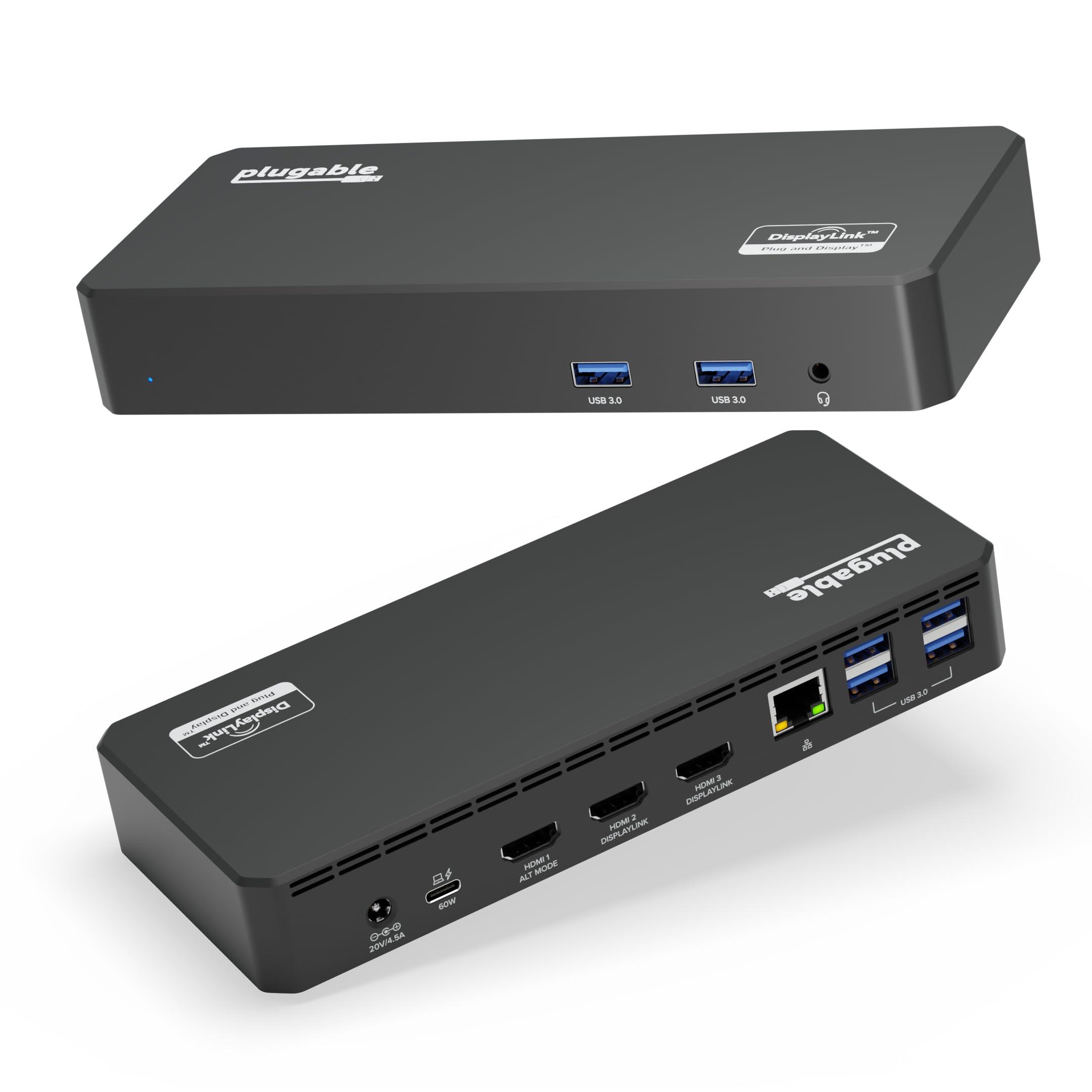 Plugable Plugable USB C Triple Display Docking Station with Laptop Charging, for Thunderbolt, USB4, or USB C Systems, Compatible with Windows, macOS, ChromeOS laptops (3X HDMI, 6X USB 5Gbps Ports, 60W USB PD)
