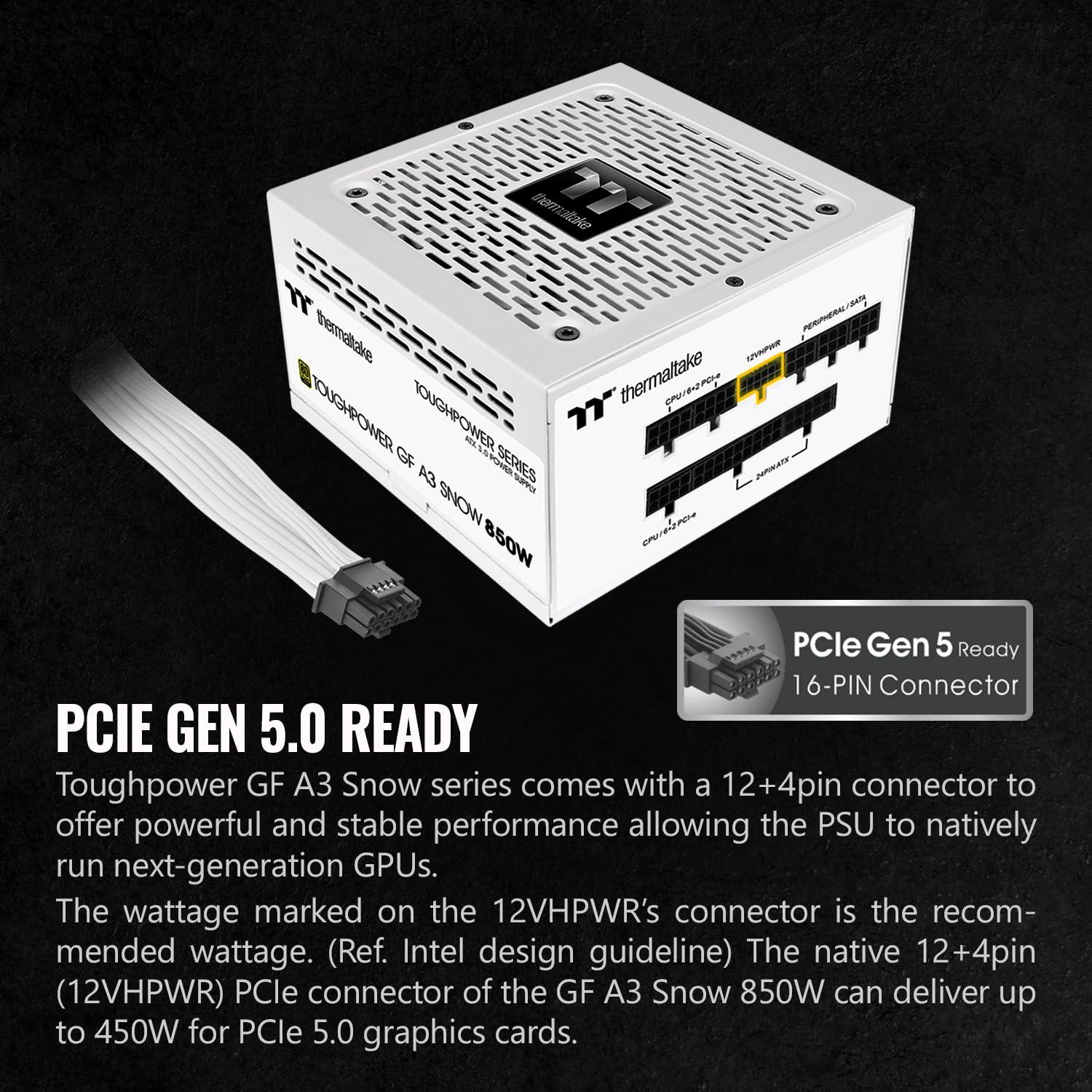 Thermaltake Thermaltake Toughpower GF A3 Snow Edition 850W 80+ Gold Full Modular SLI/Crossfire Ready ATX 3.0 Power Supply; PCIe Gen.5 450W 12VHPWR Connector Included; PS-TPD-0850FNFAGU-N; 10 Year Warranty