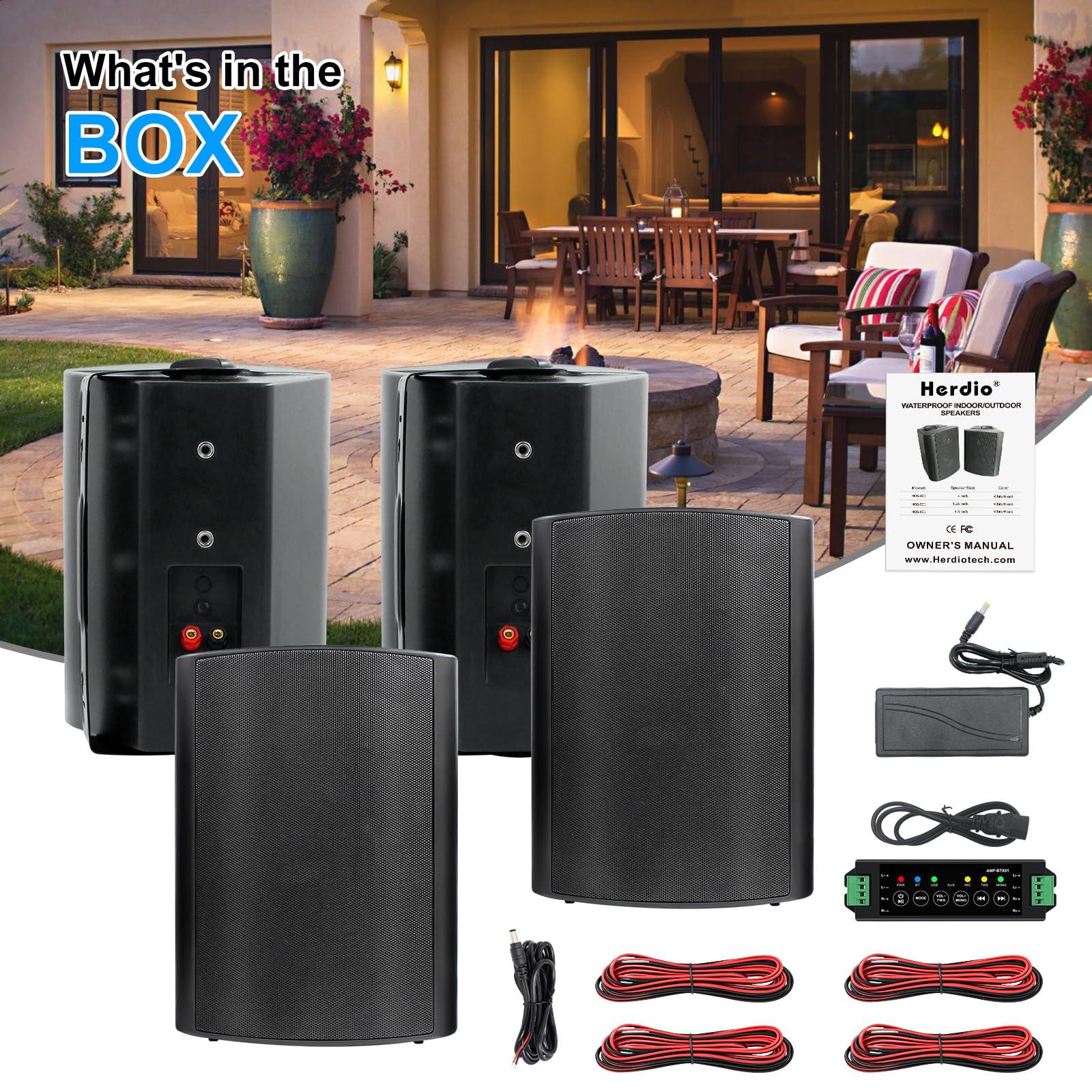 Herdio Herdio 6.5 inch 800W Outdoor Bluetooth Speakers Waterproof Wall Mounted Sound System with Multifunctional Amplifier, Powerful Bass & Stereo Sound, Easy to Install, for Patio Deck Porch (2 Pairs Black)