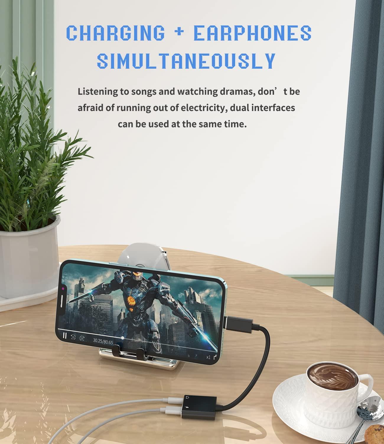 Aksenli Iphone AUX Adapter(2 in 1)Lightning to 3.5mm Headphone Splitter Charger Audio Jack Cable Dongle Adaptador Para Music Earbud Cord Earphone Charger for Apple MFI Certified 7 8Plus X Xr 12 11 13 Pro Ipad