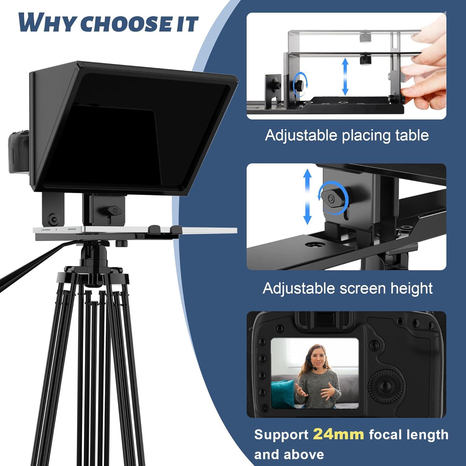 Geimrsy GEIMRSY i2/12-inch All-Metal teleprompter, Lift The teleprompter and Remote Control, Using Tempered Optical Glass, Compatible with a Variety of Devices for a Variety of scenarios.