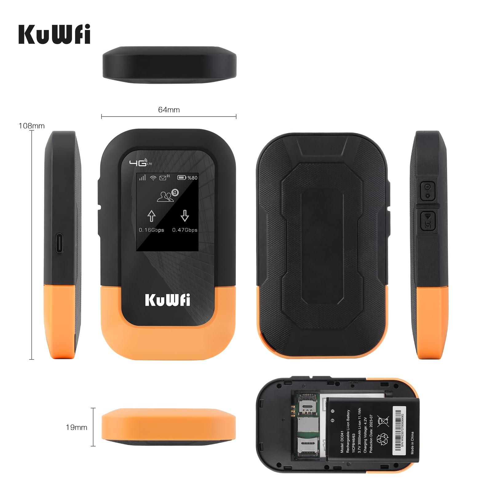 KuWFi KuWFi 4G LTE WiFi Mobile Hotspot Device, 150Mbps WiFi Hotspot Portable Travel Router Includes 2G Data, Portable WiFi Hotspot for Travel Support 10 Devices, AT&T T-Mobile, B2/B4/B5/B12/B13/B66