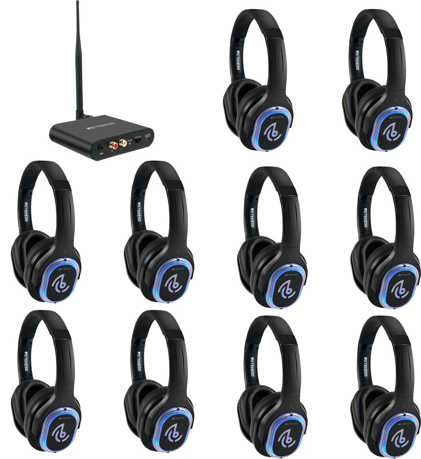 Retekess Retekess TA003 Silent Disco Headphone System, Silent Disco Party Headphones,3 Channels,LED Light,Wireless Stereo Headphones Bundle for Kids Party, Home Movies (10 Pack)