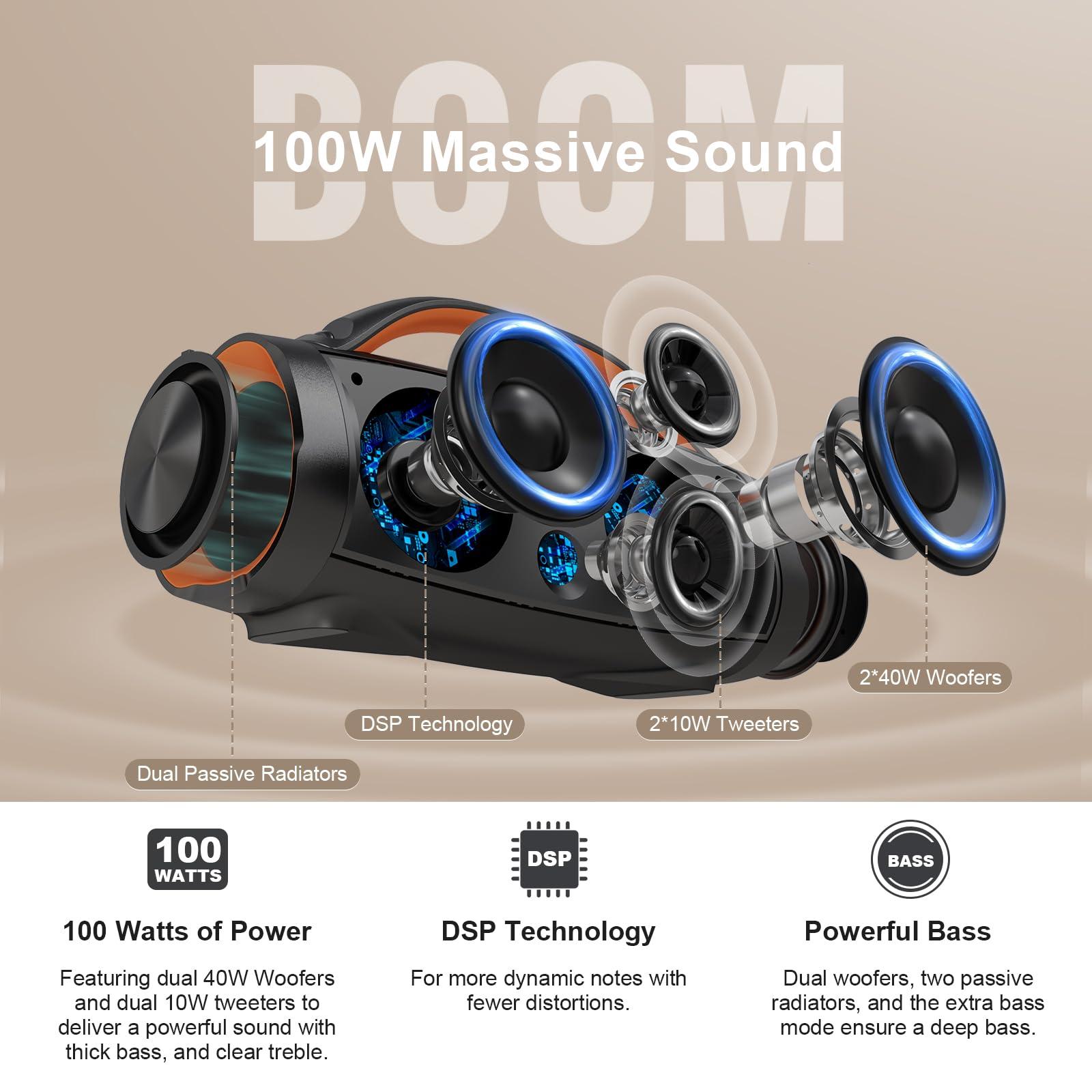 DOSS DOSS Extreme Boom+ Outdoor Bluetooth Speaker with 100W Stereo Sound, Extra Bass, 20H Playtime, Party-Sync LED Lights, Built-in Power Bank, IPX6 Waterproof Speaker for Camping, Pool, Beach, Yard