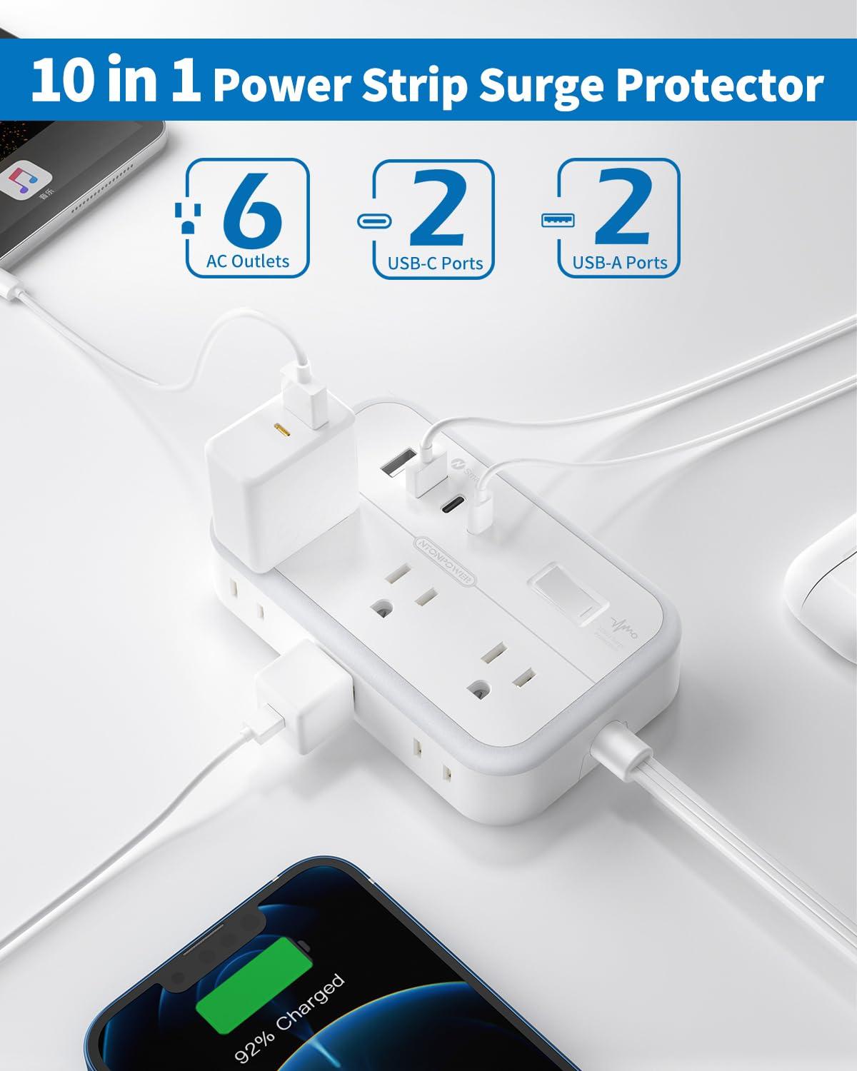 NTONPOWER Flat Extension Cord 25 ft, NTONPOWER Surge Protector Power Strip with 6 Outlets 4 USB Ports(2 USB C),Flat Plug, Multiple Outlets, Mounted, Outlet Extender, Overload Protection for Indoor, Home, Office