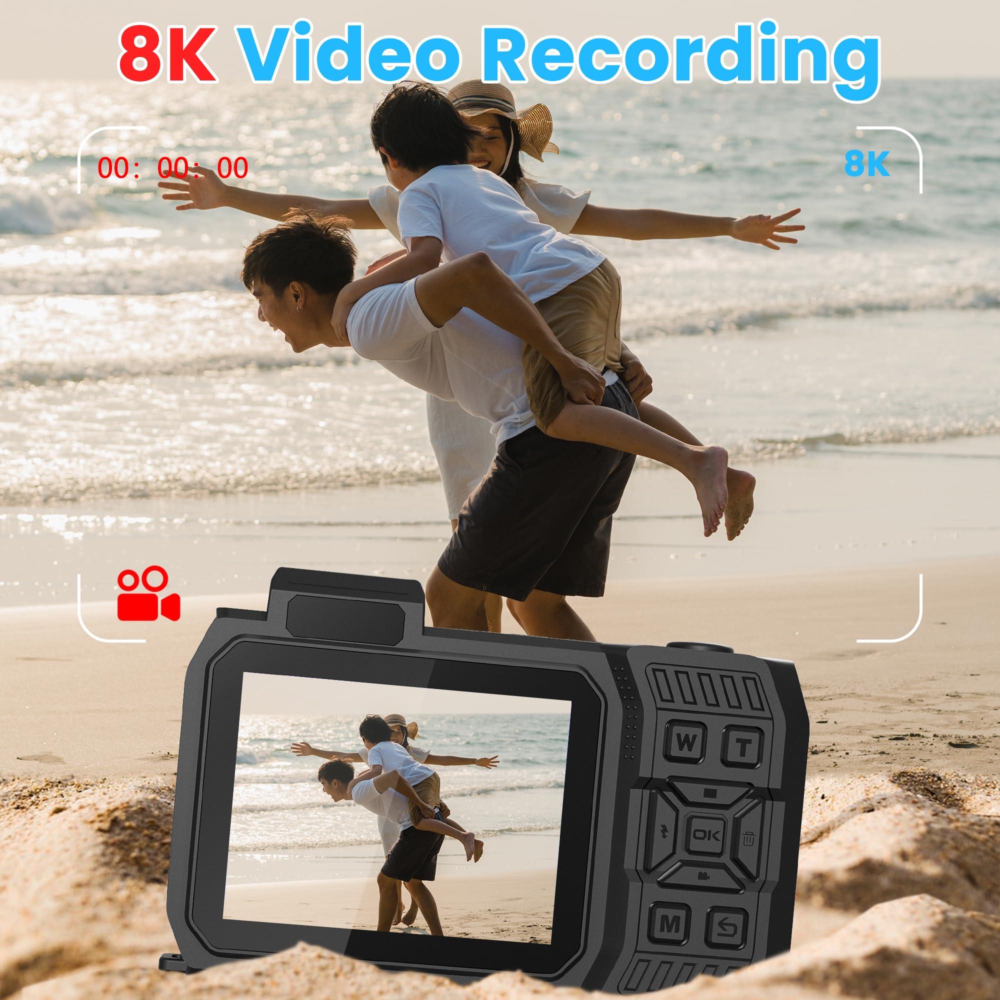 KitkidKind 8K 70MP Digital Camera with 64G Card 33FT Underwater Camera Waterproof Camera Rugged Dustproof Shockproof for Snorkeling 18X Zoom Autofocus Selfie Dual-Screen Camera Snorkeling Point and Shoot Camera