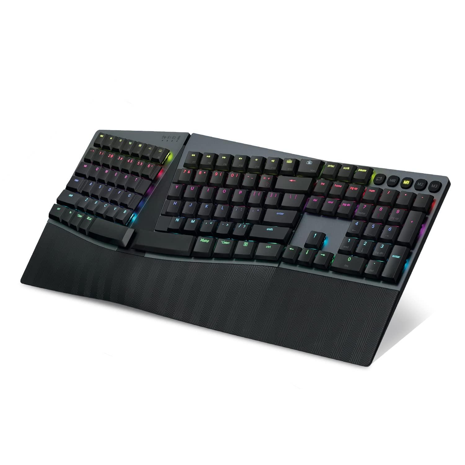 Perixx Perixx PERIBOARD-835BL Wireless Ergonomic Mechanical Keyboard - RGB Backlit - Low-Profile Blue Clicky Switches - Multi-Device Connection - Compatible with Windows and Mac OS X - US English