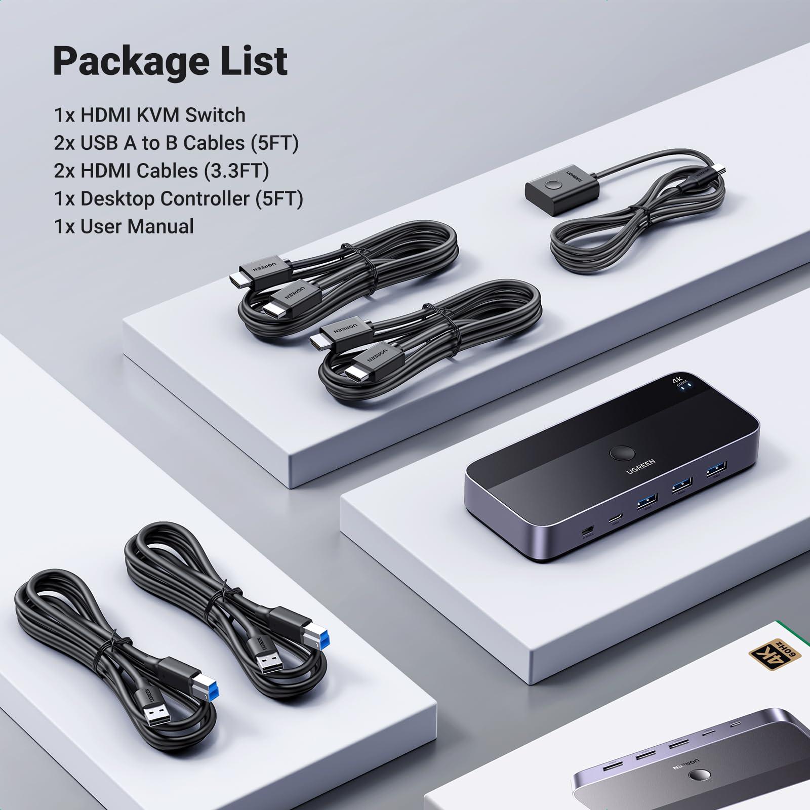 UGREEN UGREEN USB 3.0 HDMI KVM Switch with 4 USB 3.0 Ports 4K@60Hz for 2 Computers Sharing 1 Monitor Keyboard Mouse Hard Drives Printer, with 2 HDMI Cables, 2 USB Cables and Controller