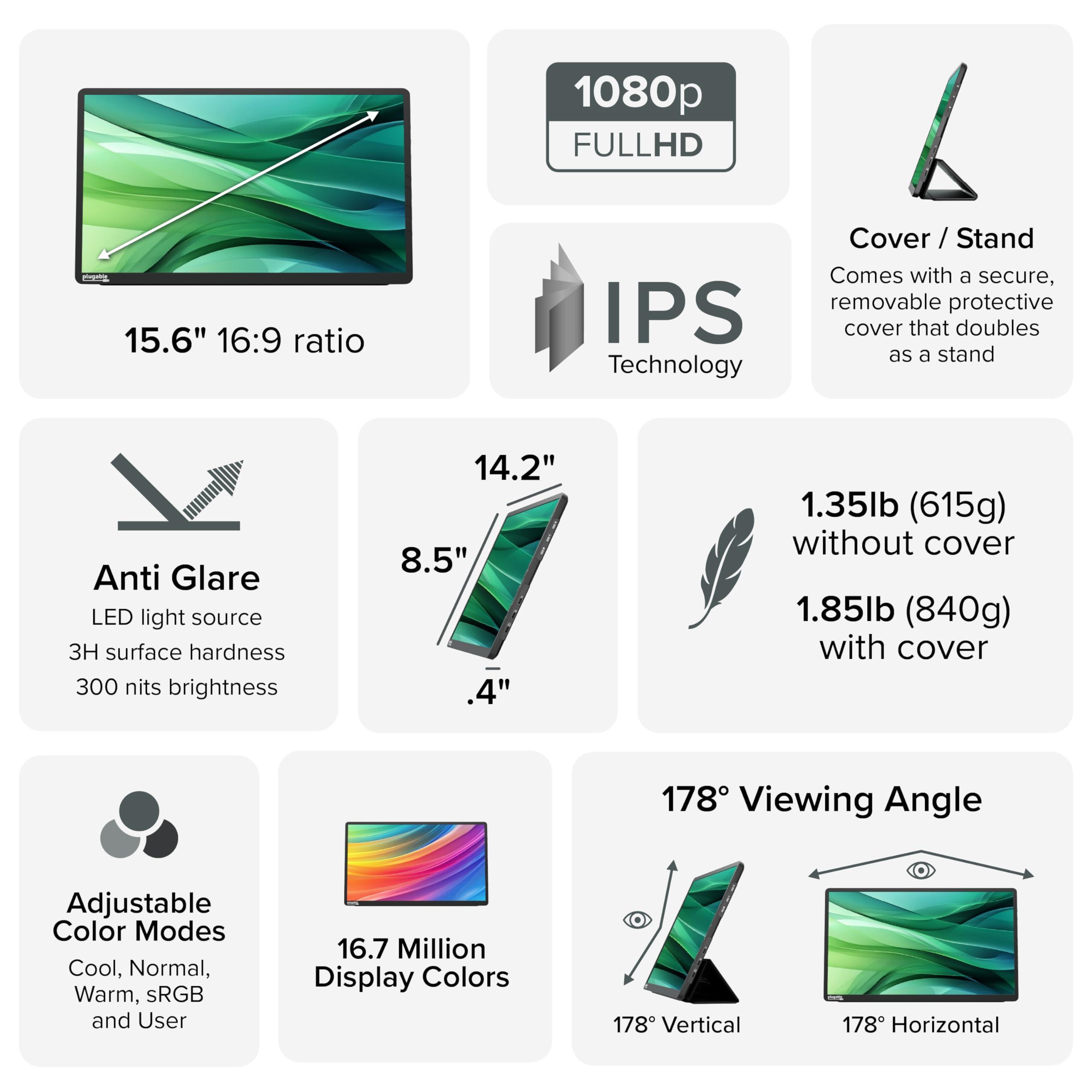 Plugable Plugable USB C Portable Monitor 15.6 Inch, 100W Pass-Through Charging for Your Laptop Smartphone Tablet, 3x USB-C 10Gbps Hub FHD 1920x1080 IPS Travel Display 1.85lbs, Protective Case/Stand, USBC-PDMON