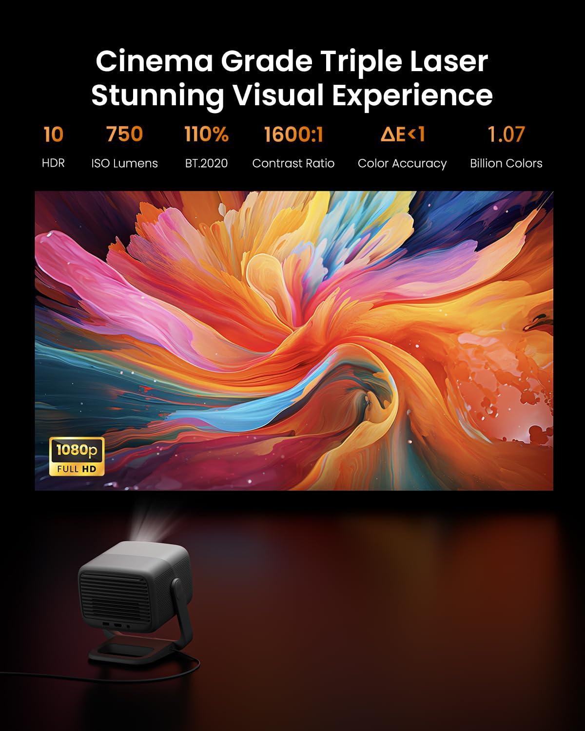 JmGO JMGO N1 Portable Projector 1080P FHD, 4K Supported, 150\" MALC Triple Laser 3D Movie Projector for Home Theater Outdoor, Gimbal Auto Image Correction, 750 Lumens, 2x5W Dynaudio Speakers, Android TV 11