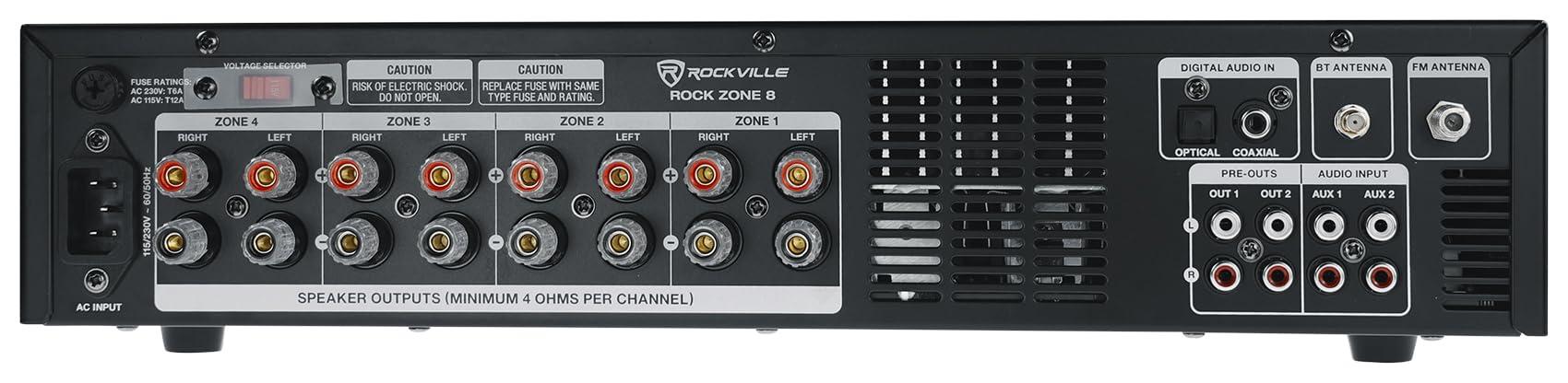 Rockville Rockville Rock Zone 8 8-Zone 8-Channel 1000W Multi-Room/Source Receiver Amplifier, Bluetooth, USB, Optical, FM Radio, Includes Remote - Perfect for Home & Commercial Audio, Restaurants, Offices
