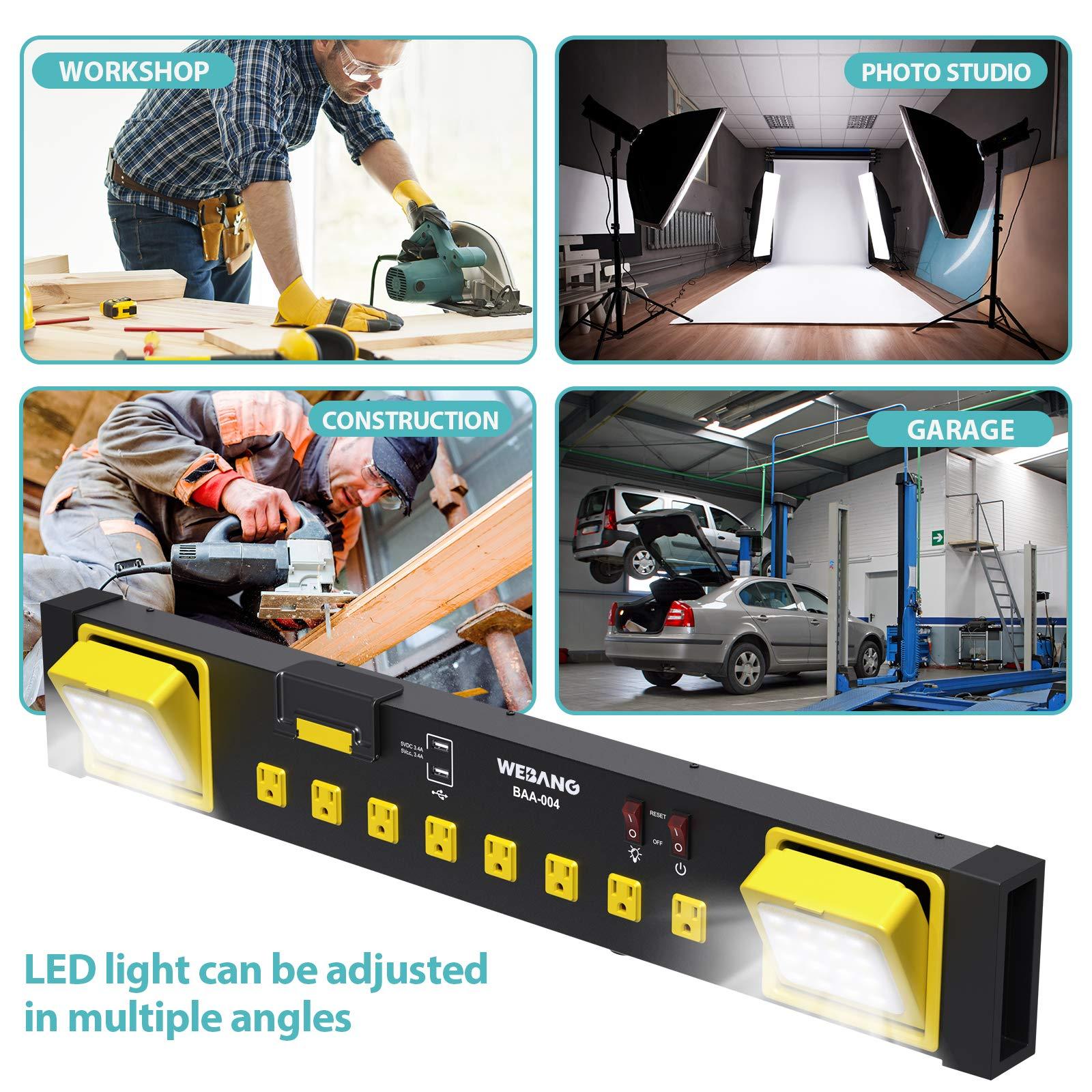 WEBANG WEBANG Heavy Duty Metal Power Strip Surge Protector with 8 Outlets,2 USB Ports, Led Worklight, 15A Circuit Breaker, Wall Mount, UL Listed for Workshop/Garage/Countertop