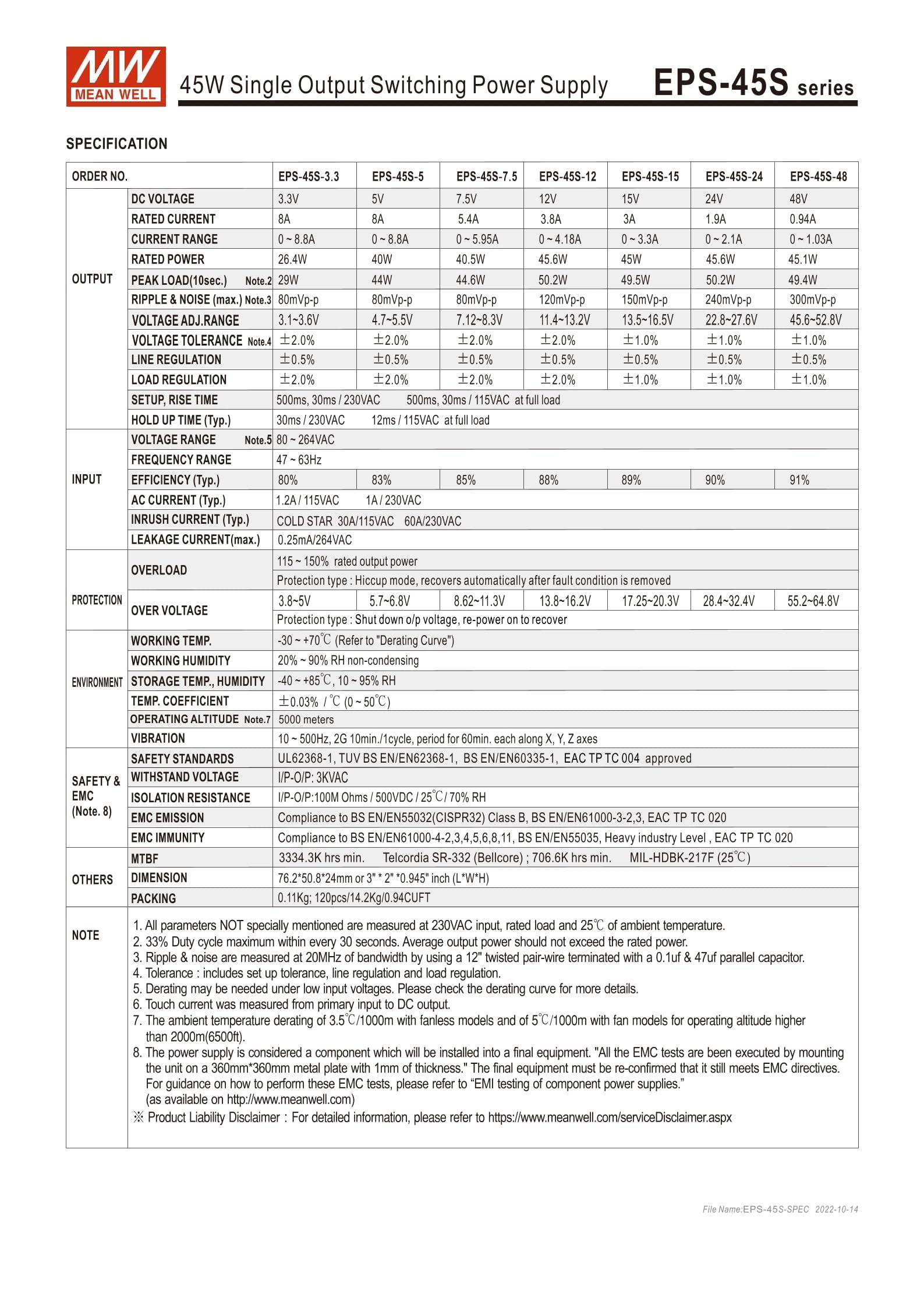 MEAN MELL Mean Well EPS-45S-24 45.6W Single Output Switching Power Supply EPS-45S 24V 1.9A